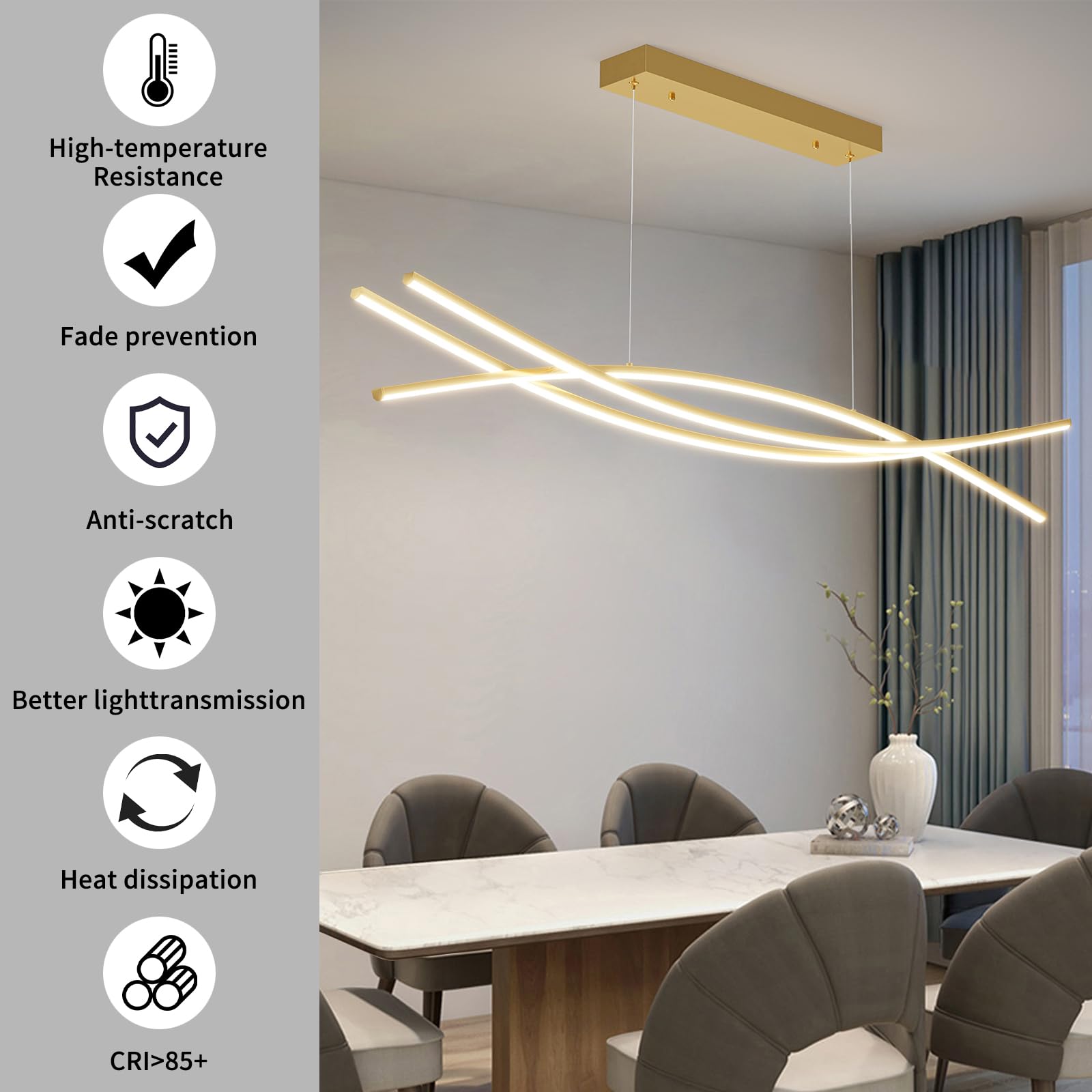 Modern Ceiling Chandelier Light, 39In Gold Pendant Light Fixtures With Remote Control 3000K-6500K Adjustable Color Temperature, Aluminum Island Lighting Lamp For Dining Room, Living Room, Island