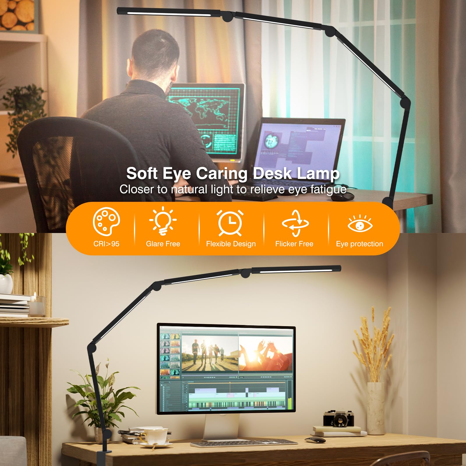 Led Desk Lamp With Clamp,Adjustable Swing Arm Desk Lamps For Home Office,Dimmable Tempering Eye Care Desk Light,Bright Modern Le