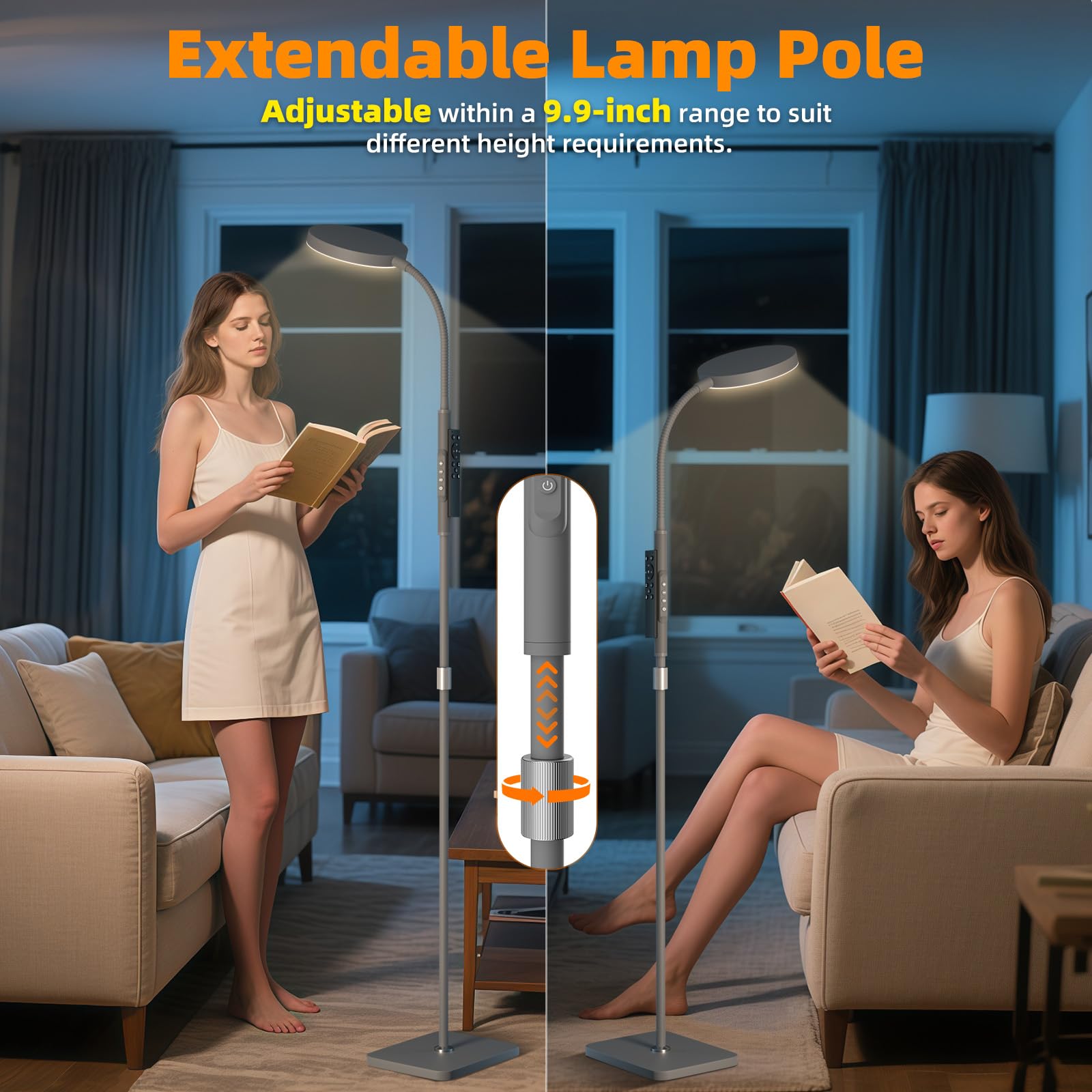 PACOVY Adjustable Height Floor Lamp, 120 LED Dimmable Gooseneck, 1 Pack, Matte Gray, Model ADJ-01