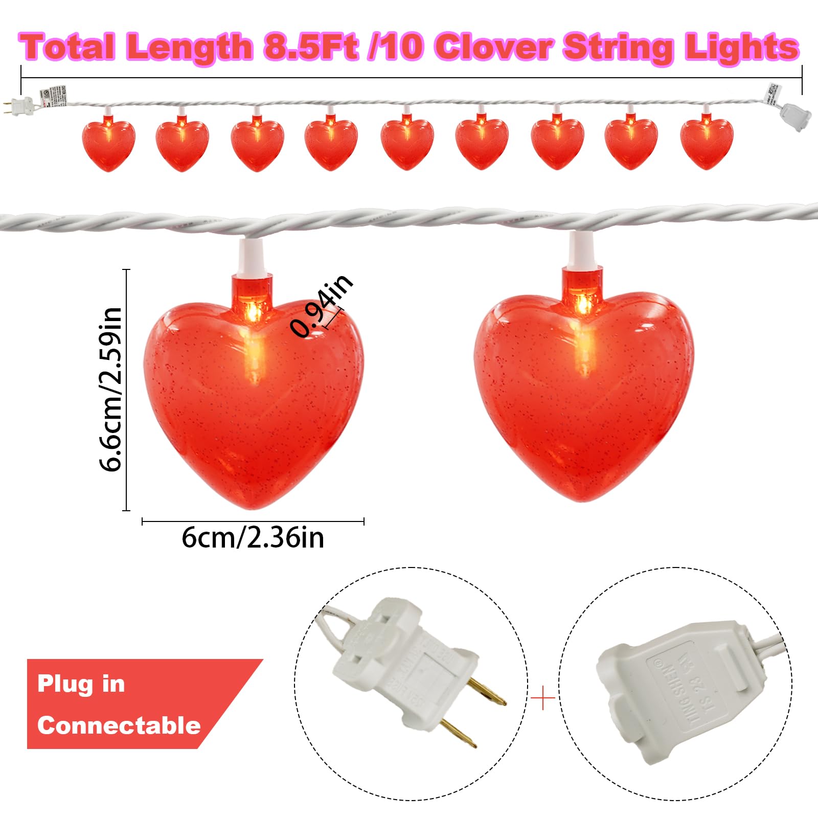 Couah 8.5Ft Red Heart String Lights - 10 LED Fairy Lights for Valentine's Day, Indoor/Outdoor Decor, Model LR-DD-L-10E/1F-C61