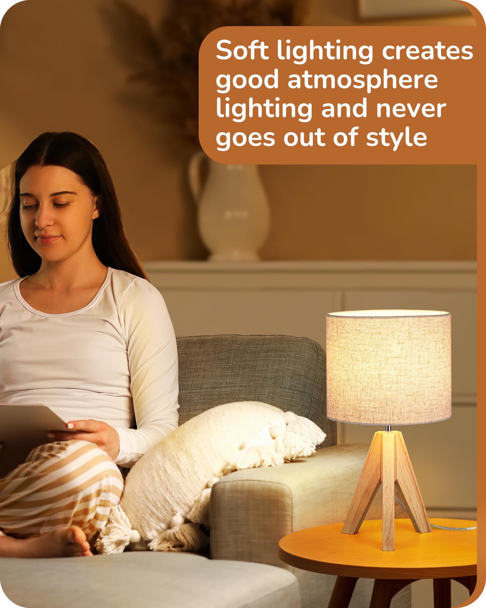 Edishine Small Table Lamp, Boho Bedside Lamp With Linen Fabric Shade, Wood Tripod Nightstand Lamp For Nursery, Living Room, Bedr