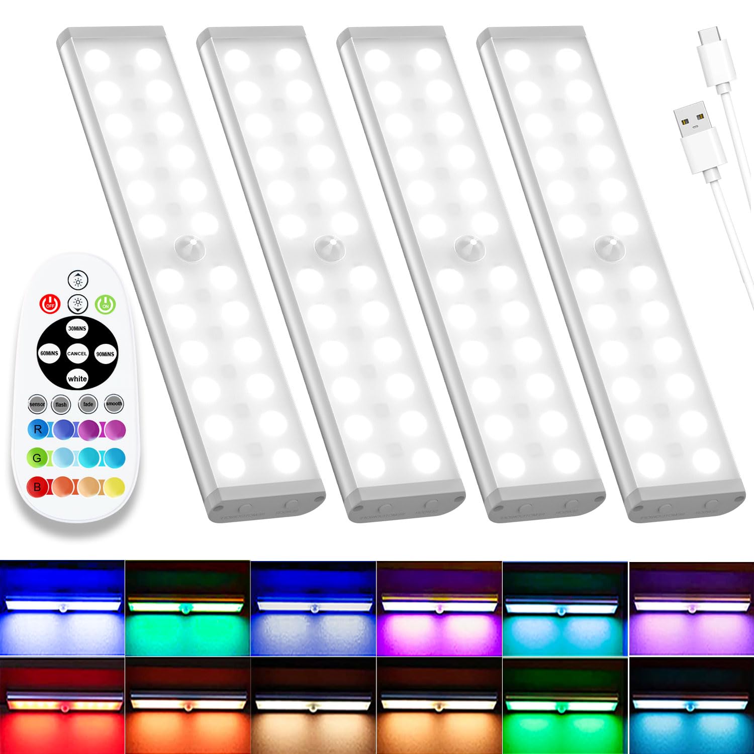 Haigvel Under Cabinet Lights Wireless, 58-LED Rechargeable Motion Sensor Closet Lights with Remote Control, RGB Color Changing U