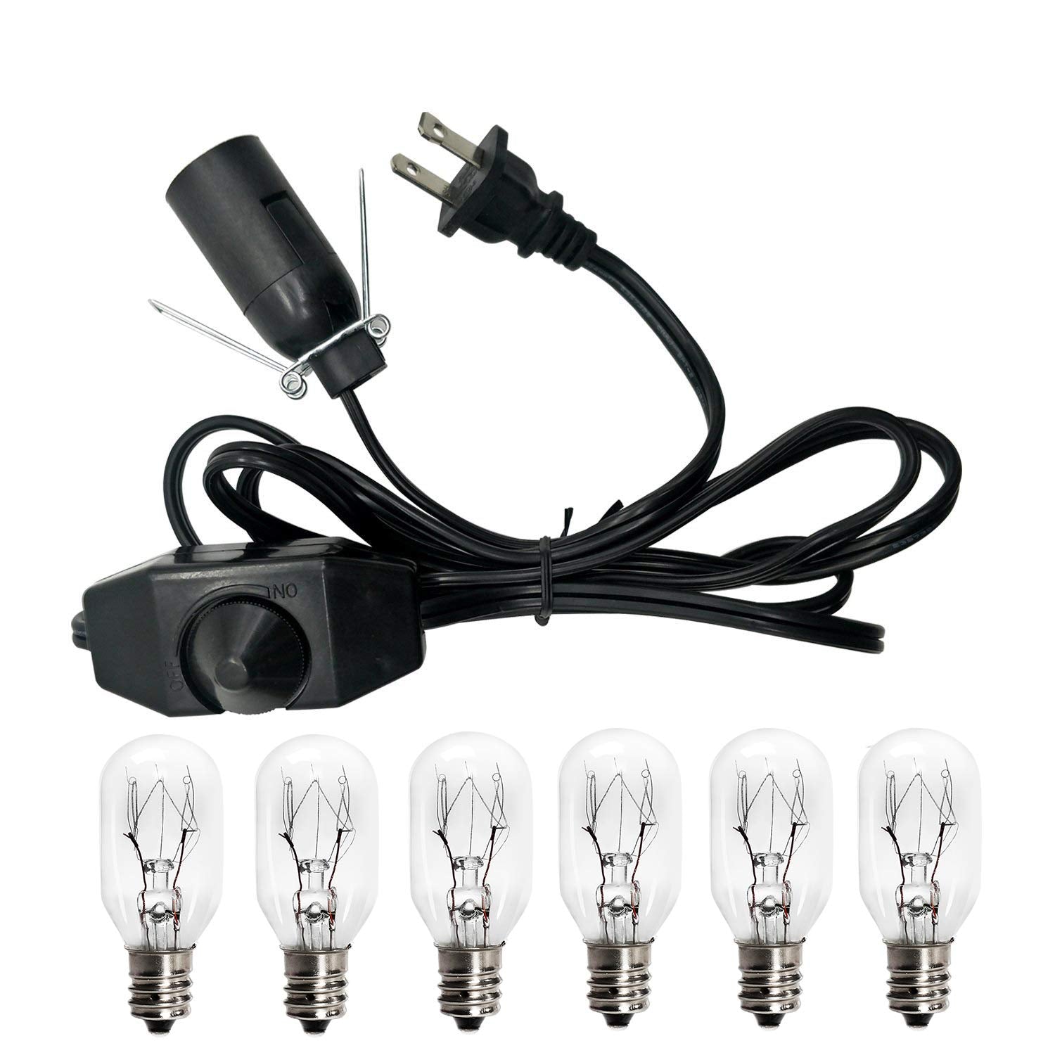 haraqi Salt Lamp Cord and Bulbs,Himalayan Salt Lamp Replacement Cord with Dimmer Switch,Original UL Listed Cord Bulb Replacement for Salt Rock Lamp with 6 Pack 25 Watt E12 Bulbs