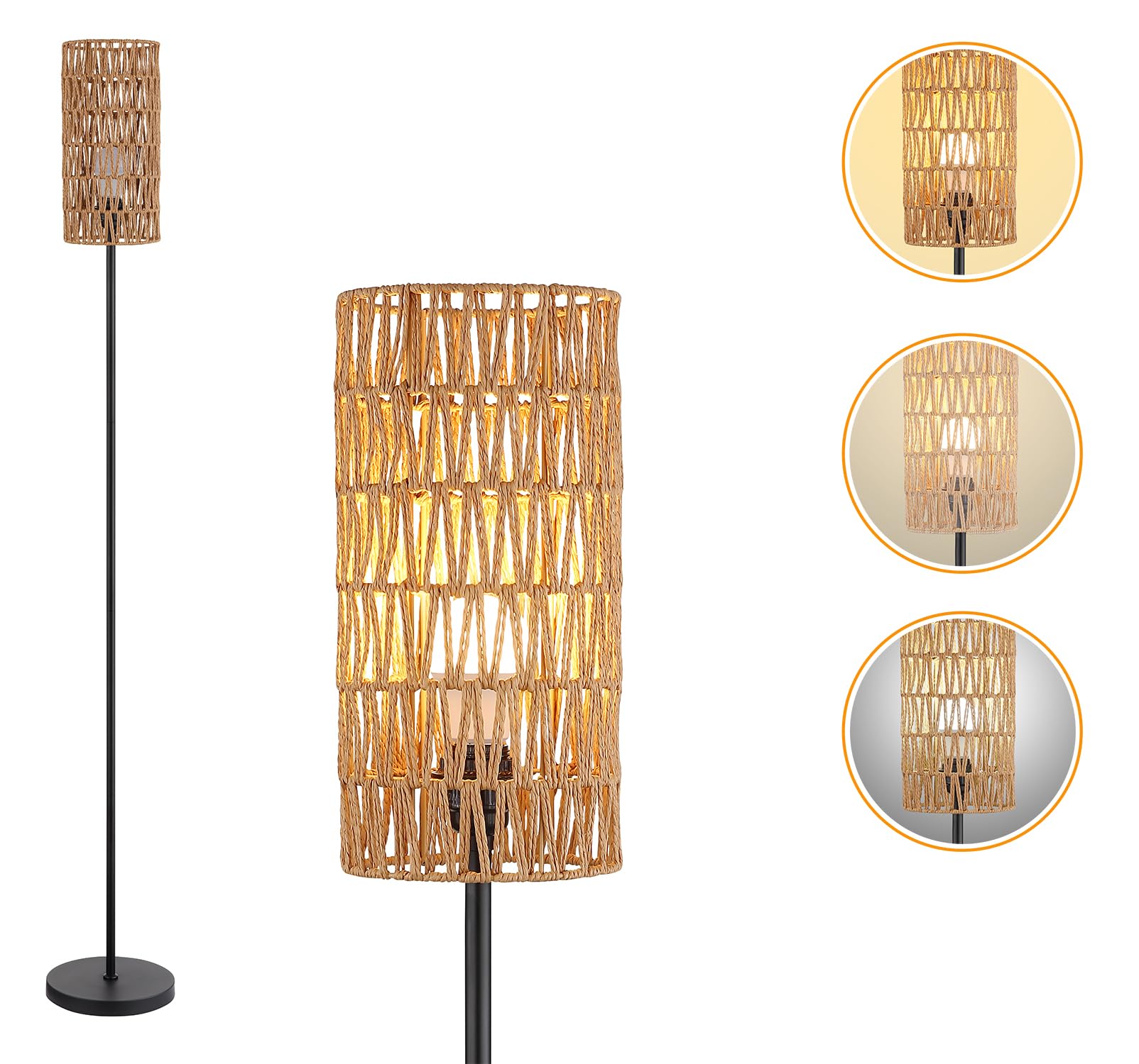 Floor Lamp for Living Room,Farmhouse Rattan Floor lamp,Modern Standing lamp with Hand-Worked Rattan Shade,Black Tall Lamp with F