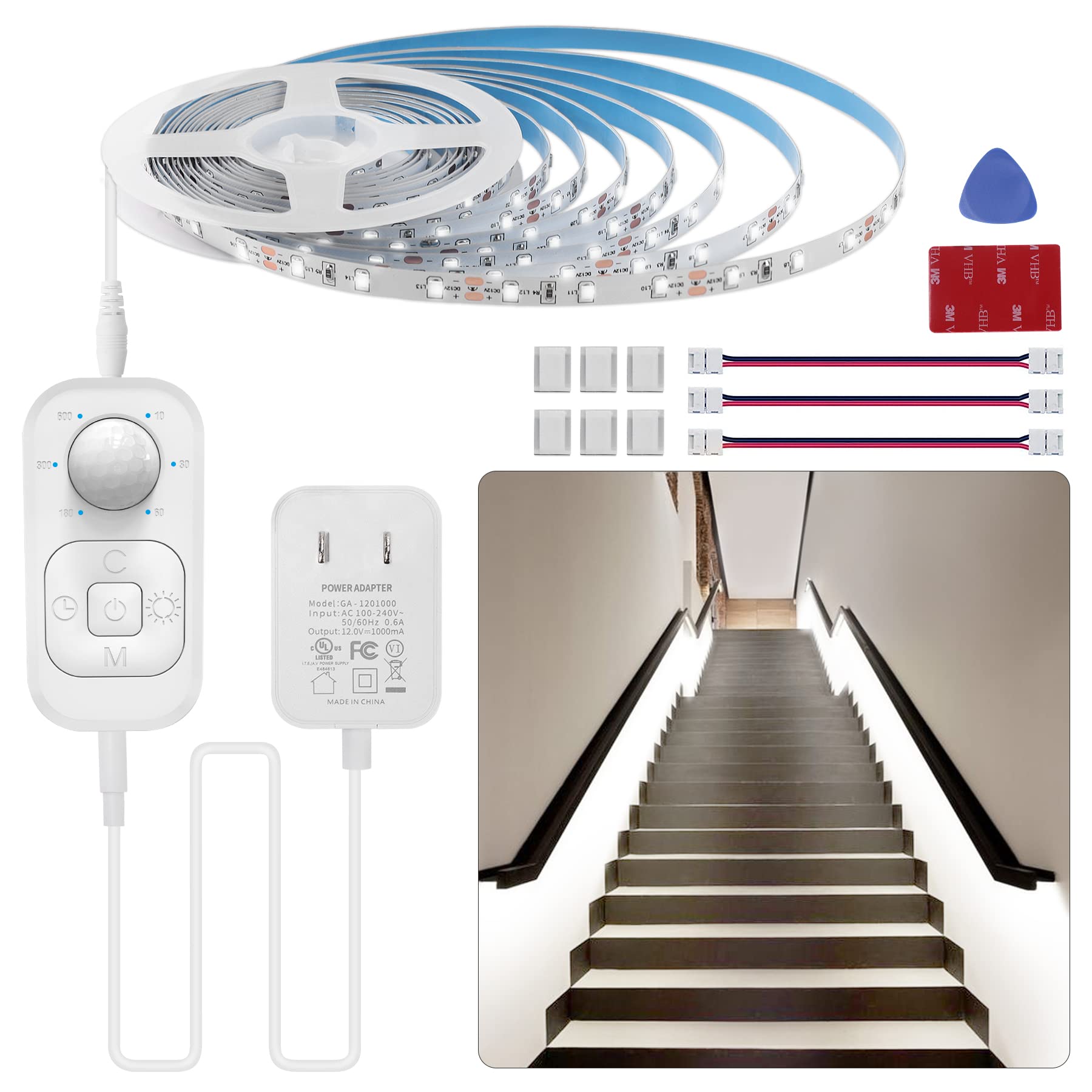 Speycer Motion Sensor LED Strip Lights, Cold White, 16.4ft, Indoor Plug-in with Timer and Dimmer for Stairway and Cabinet Use