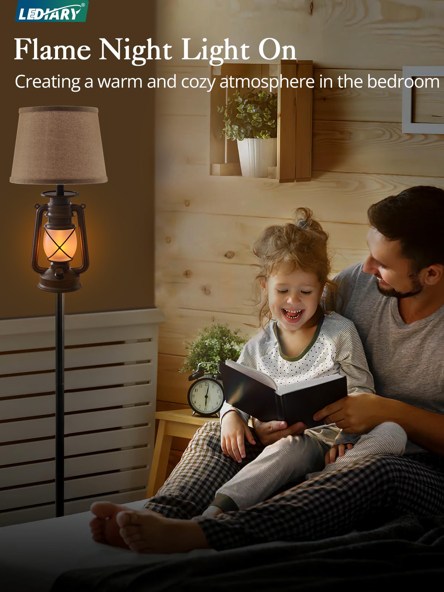 LEDIARY LED Flashing Flame Night Lantern Floor Lamp, Rustic Bronze with Beige Linen Shade, Perfect for Living Room & Bedroom Decor