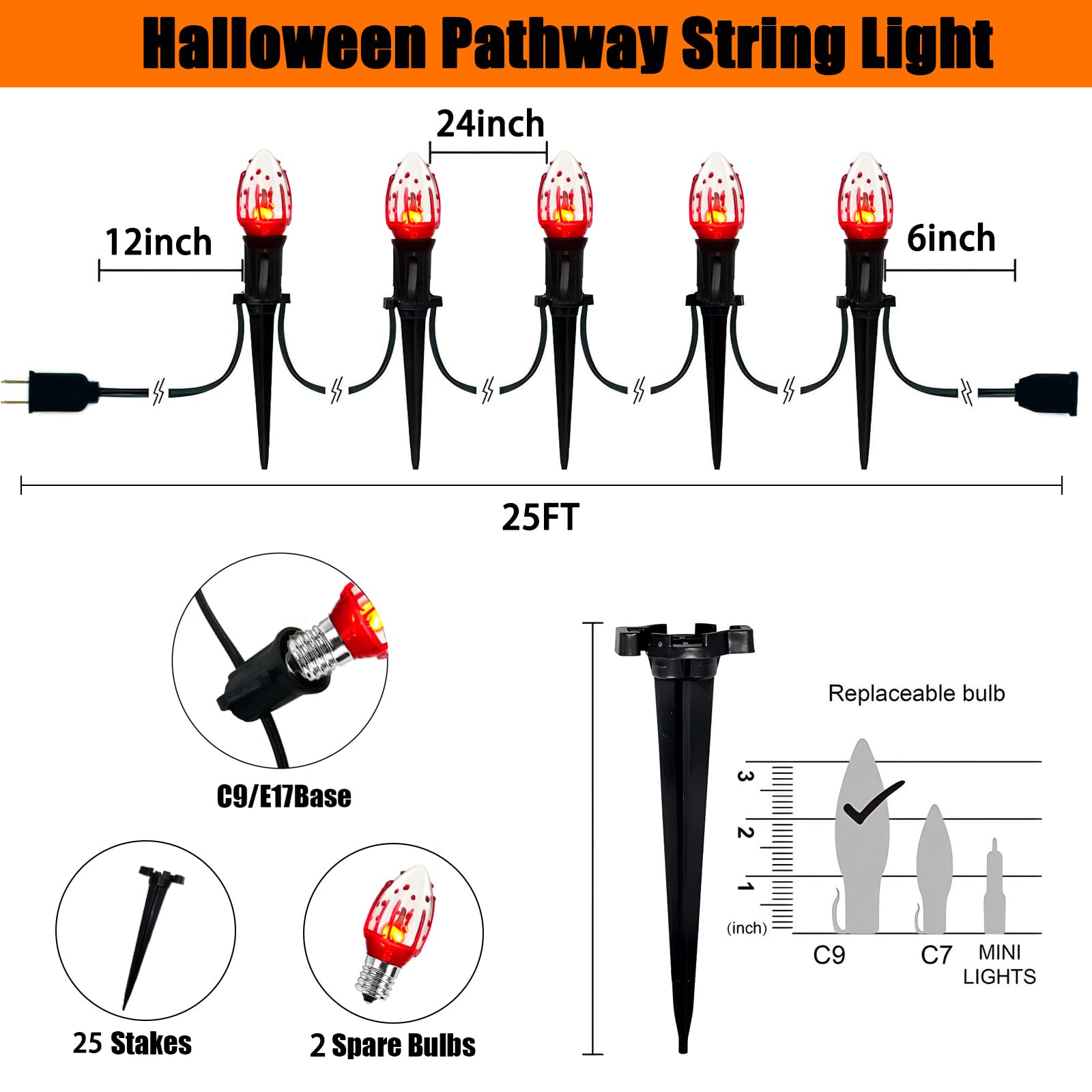 C9 Halloween Pathway Lights Outdoor, 38Ft Halloween Blood Teardrop Pathway String Lights With 25 C9 Flicker Flame Lights, Hallow