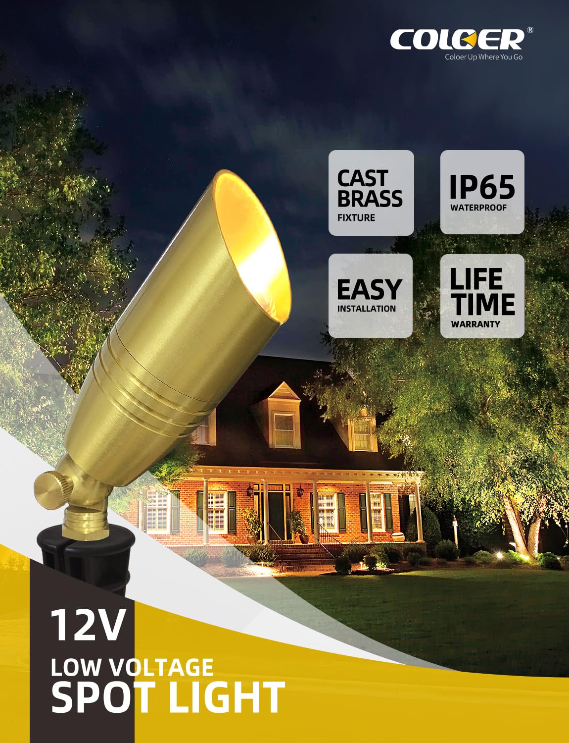 Coloer Die-Cast Brass Landscape Spotlight 12-Pack Without Bulb,12V Ac/Dc Low Voltage Copper Outdoor Lighting With Ground Stake, Directional Garden Patio Spot Up Light (102B Brass Finish)