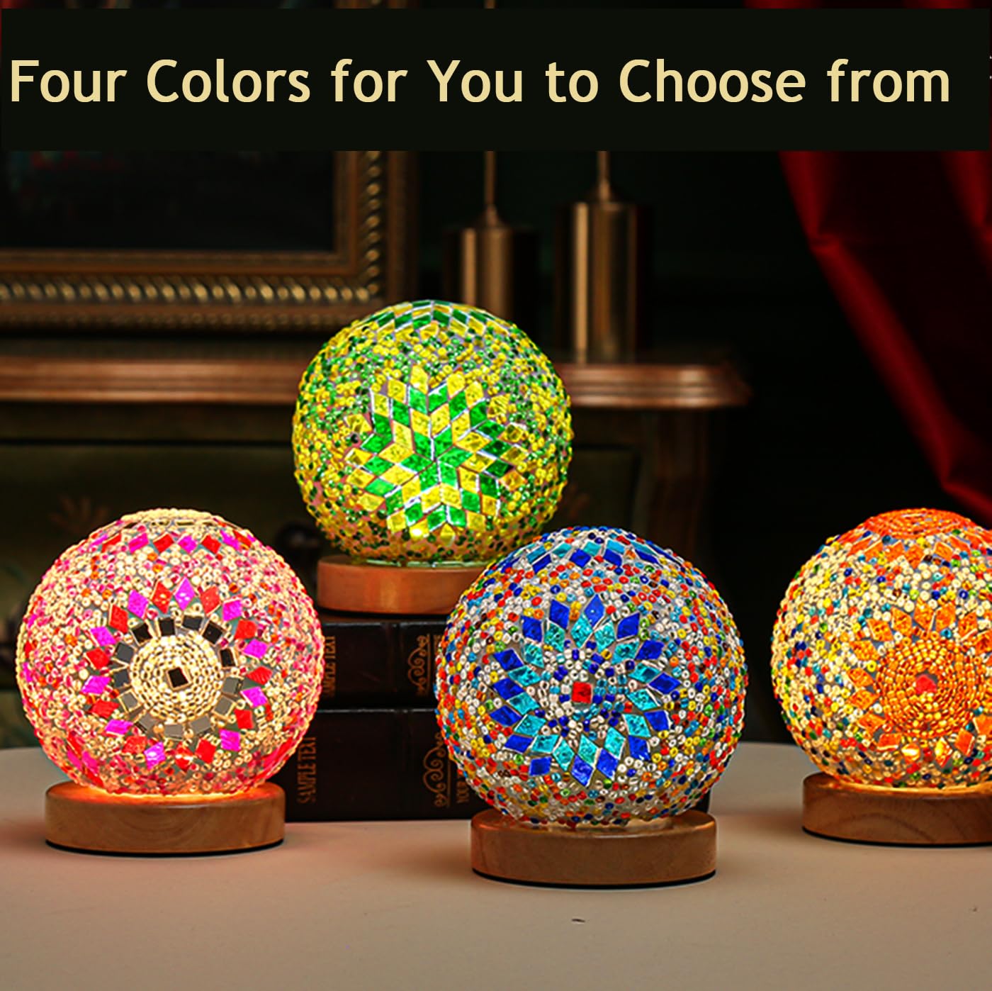 Turkish Table Lamp (D:4.7'' X H:5.2''),Mosaic Glass Lamps With Wooden Base, Bohemian Tiffany Bedside Lamps, Usb Power Moroccan L