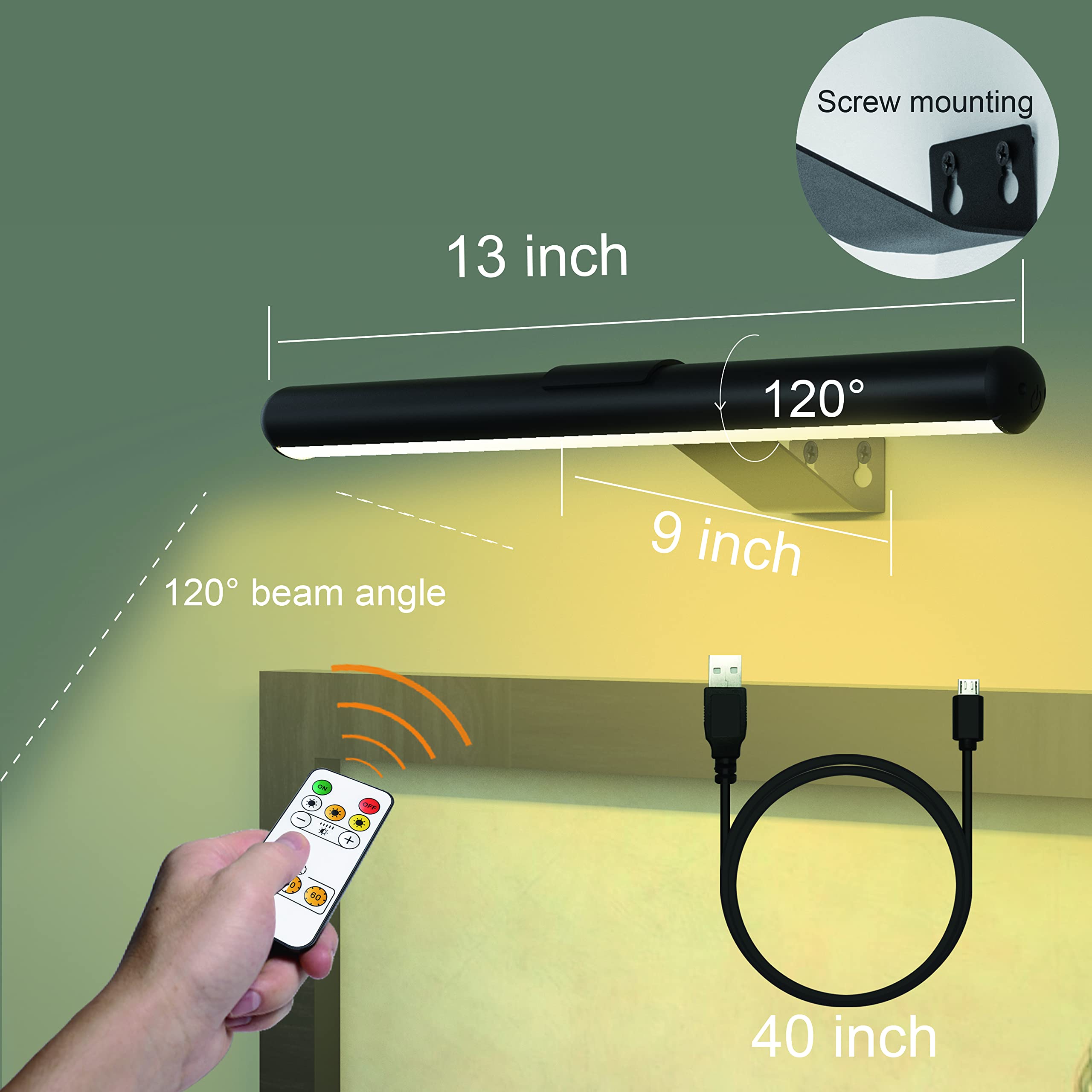 Yaqiihome Wireless Picture Light With Remote, Dimmable Led, 4000Mah Battery, Black Metal