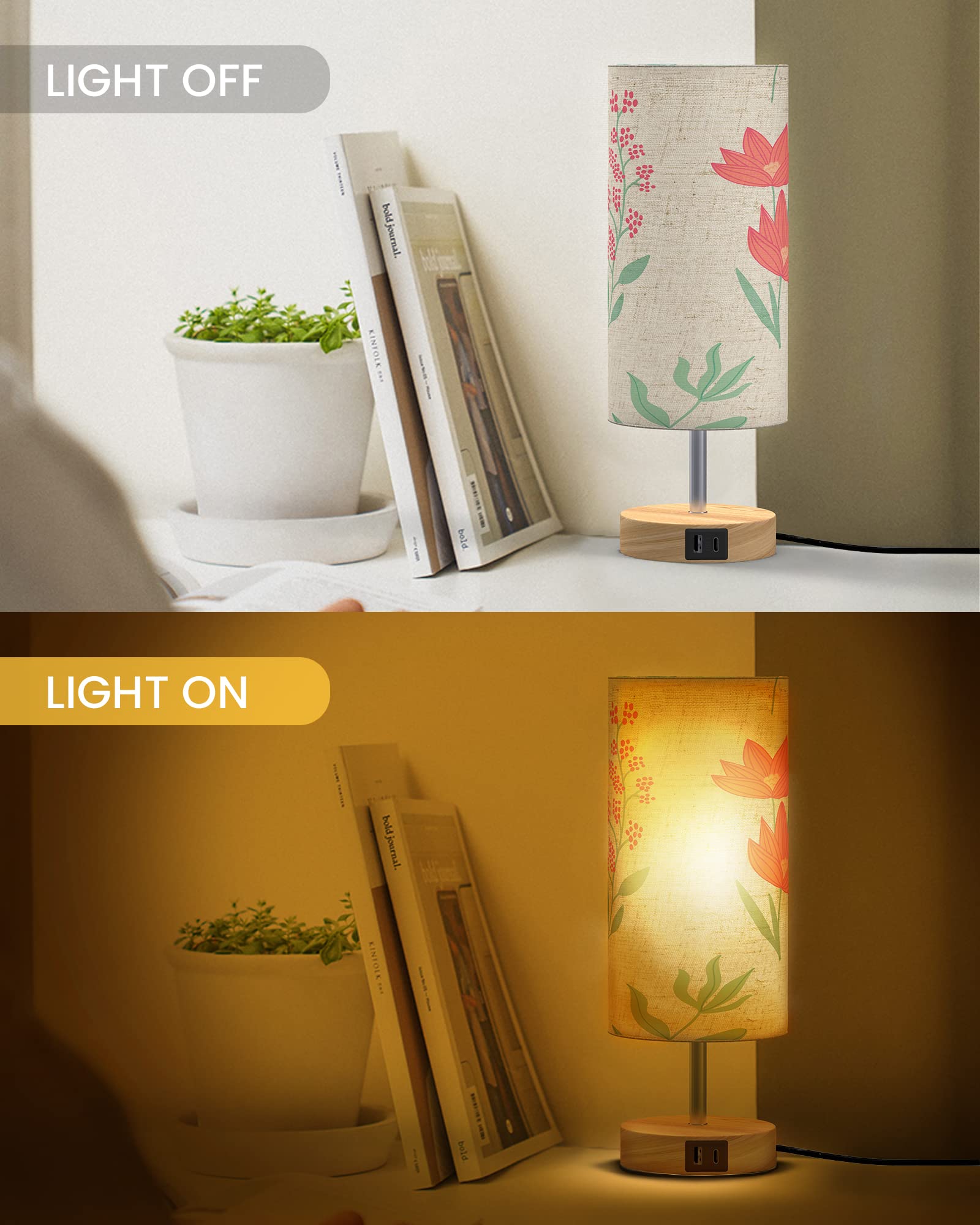 Lanmonlily Touch Bedside Lamp With Two Usb Charging Ports - Three-Way Adjustable Brightness Table Lamp With Patterned Linen Shad