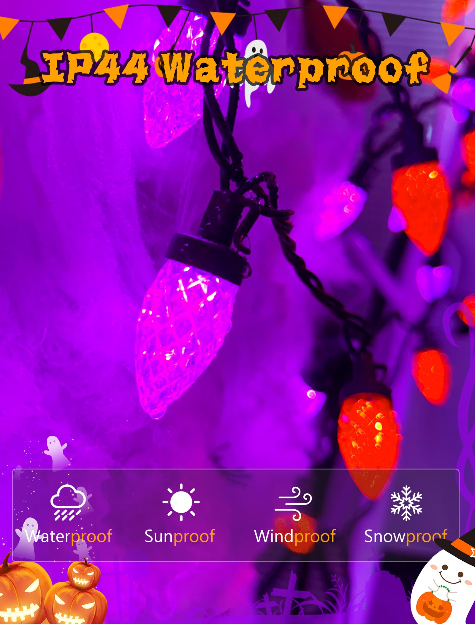 26Ft Halloween String Lights Outdoor  50 C7 Led Orange And Purple String Lights Waterproof  Plug-In Halloween Patio Decorative Lights For Indoor Roofline Backary Porch House Holiday Party Decor
