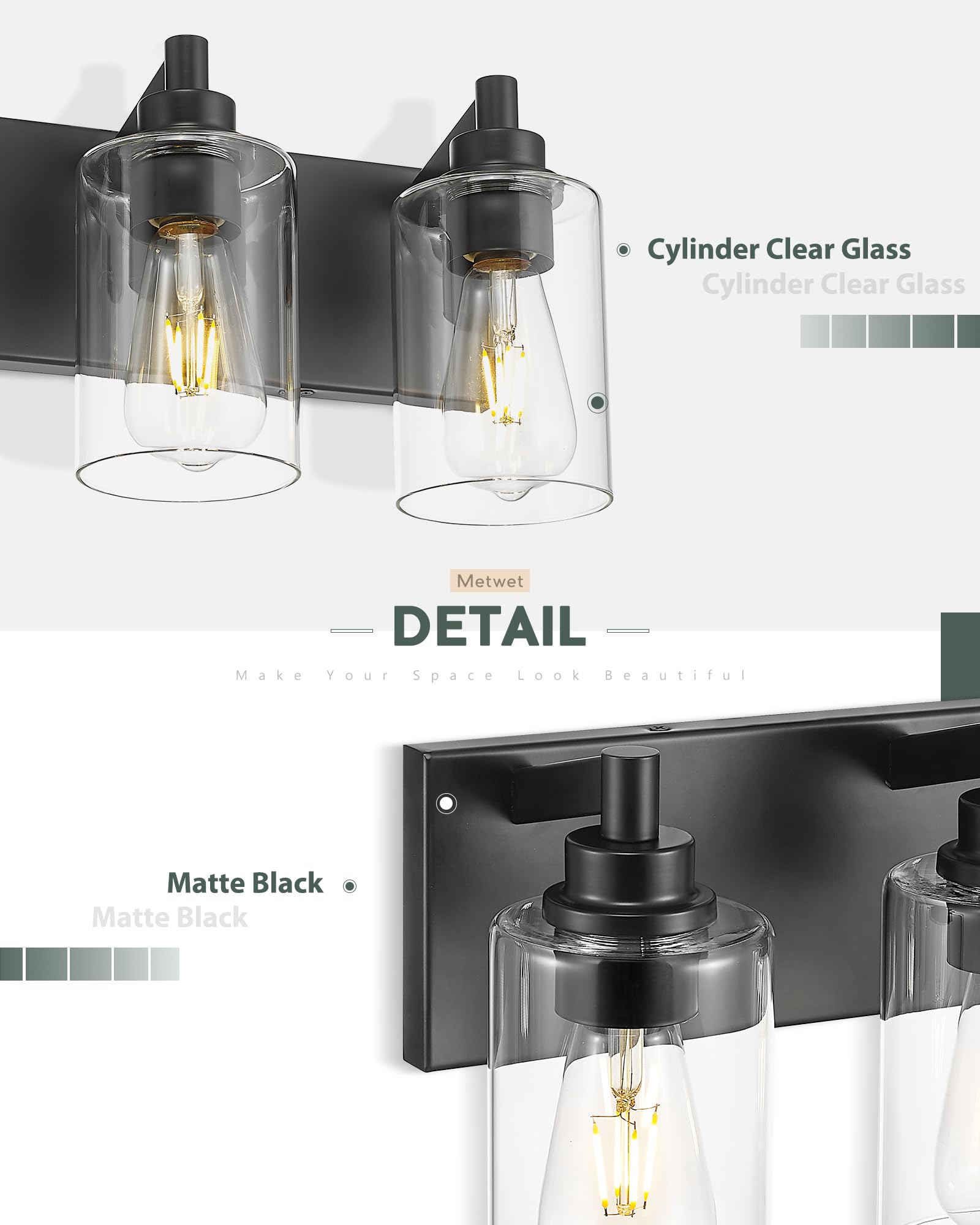 Metwet 4-Light Bathroom Light Fixtures, Black Vanity Light With Cylinder Clear Glass Shade, Modern Vanity Lighting Fixtures Over Mirror, Vl143-Mb-4