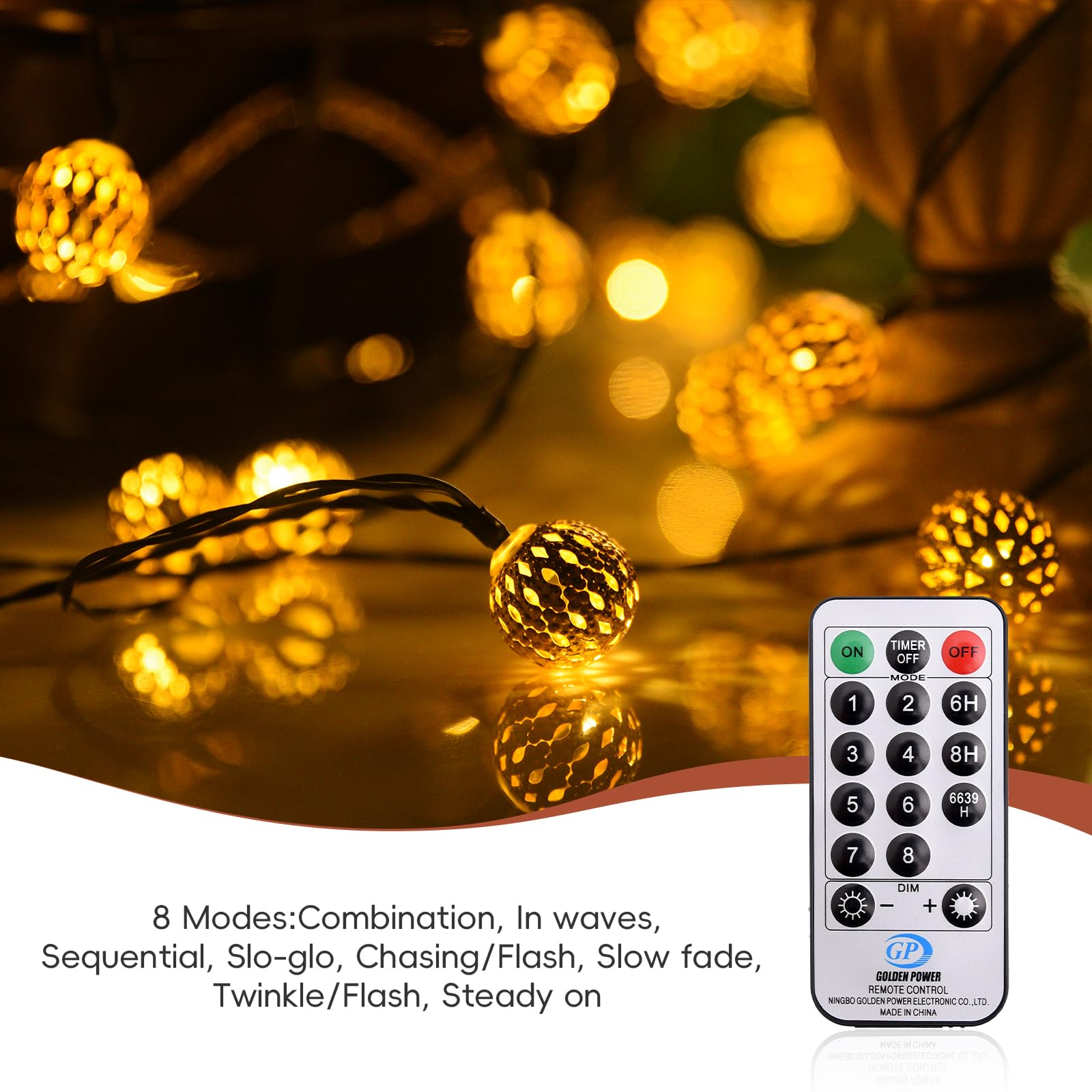 Lightique Moroccan String Lights - 60 Led, 29Ft, Waterproof, 8 Modes, Remote Control, Warm White, Decorative Globe For Indoor/Outdoor Use