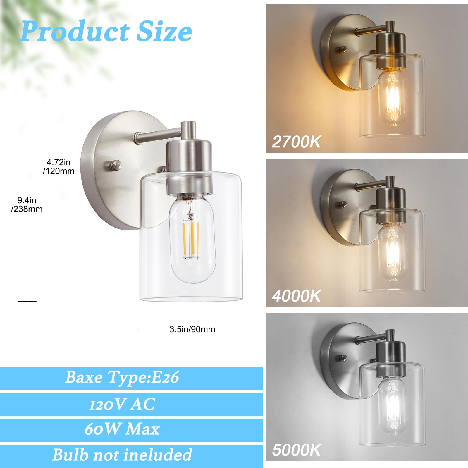 Wall Sconces For Bathroom  Brushed Nickel Vanity Light Fixtures  Modern Wall Mount Lighting Lanterns  Farmhouse Wall Lamps With Clear Glass Shade For Bedroom Living Room Mirror Hallway Porch(2Pack)
