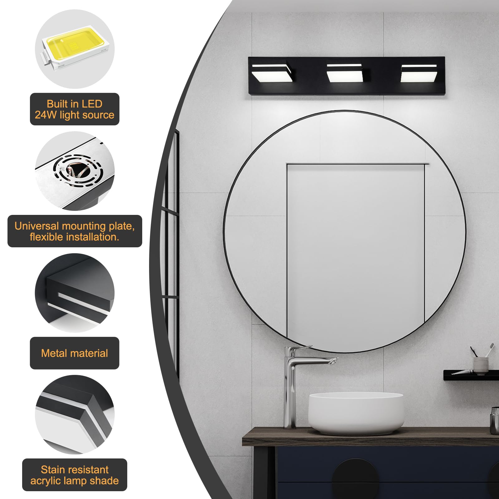 Okeli 3-Light Modern Led Vanity Light, Matte Black, 24 Inch, Etl Listed, Cold White
