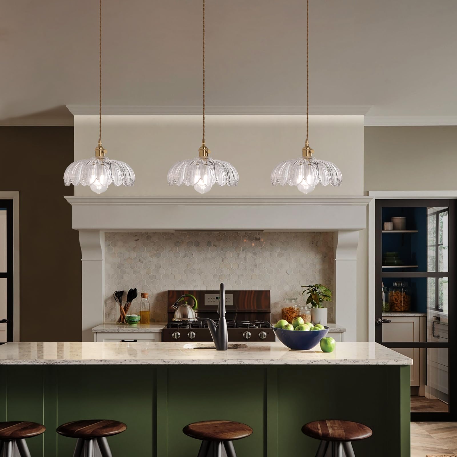 Shenmoyl Pendant Light With Clear Scindapsus Glass Lmapshade, Brass Vintage Pendant Light Adjustable Hanging Light For Kitchen I