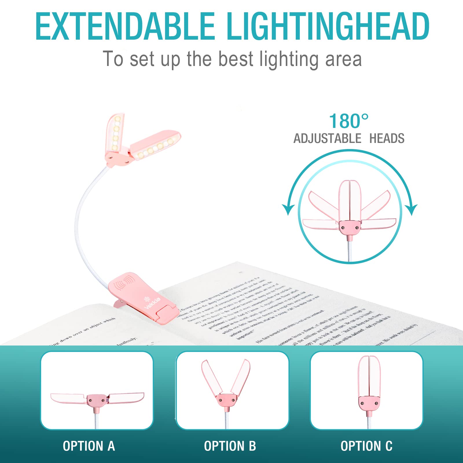 Vekkia 14 LED Rechargeable Book Light - Adjustable Warm/White Mini Clip-On, Lightweight Eye Care, Pink, Model BL-14