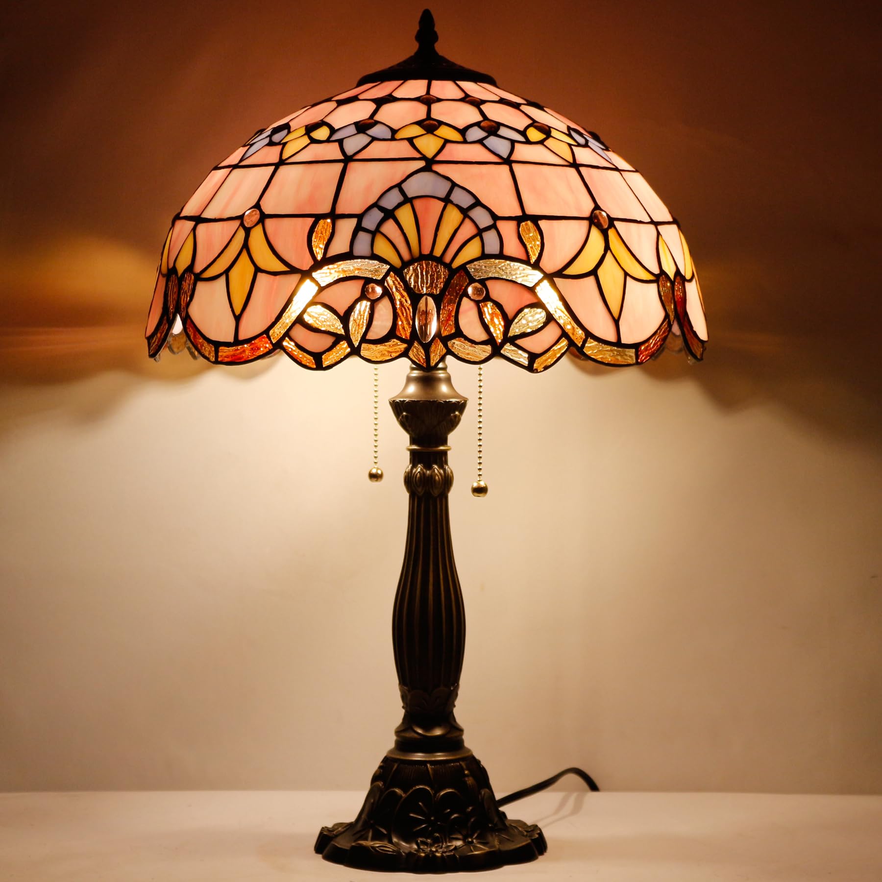 Werfactory Tiffany Lamp Pink Stained Glass Baroque Bedside Table Lamp Style Desk Light 16X16X24 Inches Decor Bedroom Living Room
