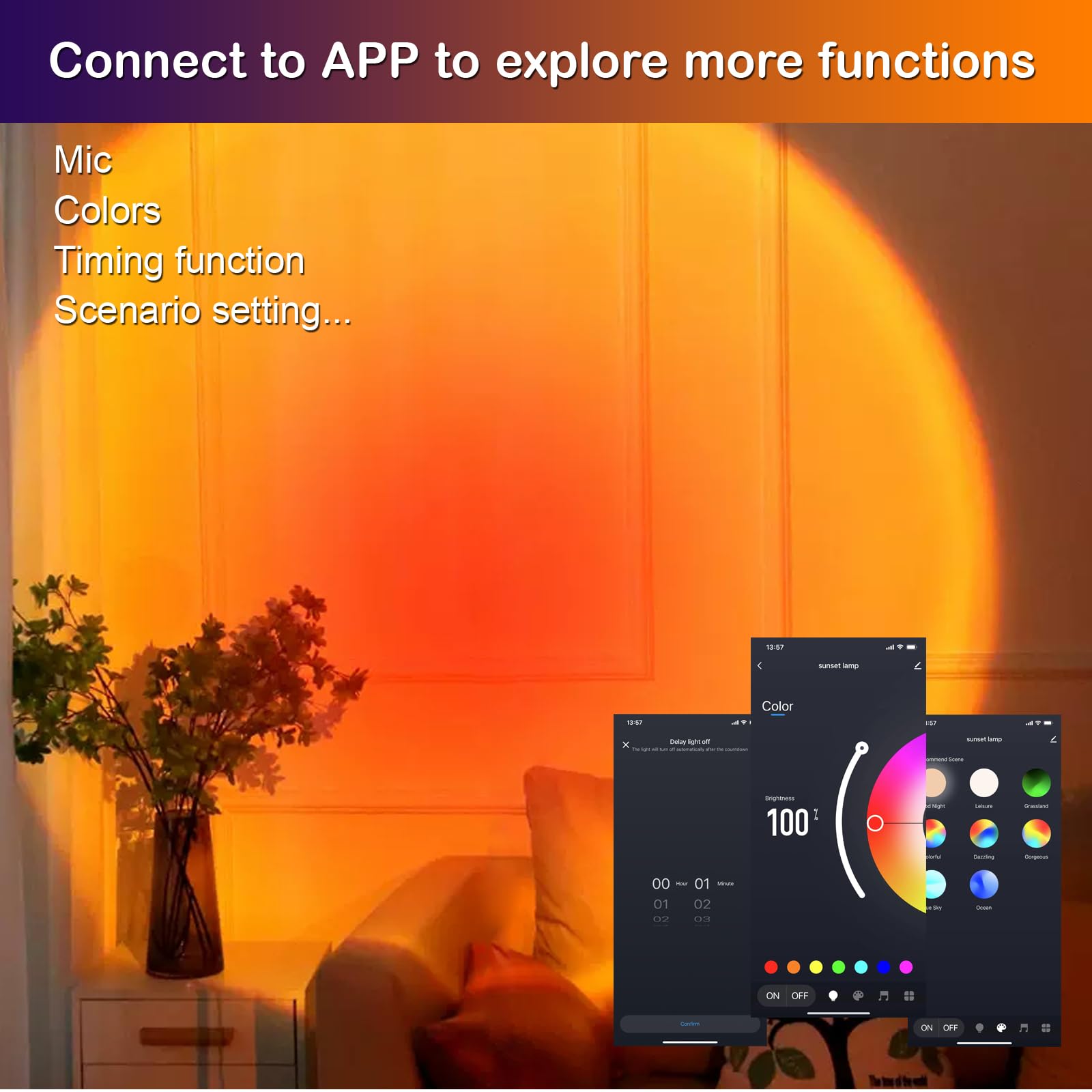 Comfamoli RGB LED Lamp Projector - Sunset Mood Lighting, 21 Colors, Remote Control, Black