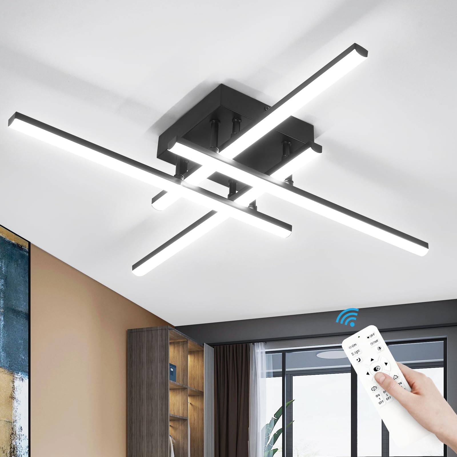 CANEOE Modern Ceiling Light Fixture Sputnik Dimmable Ceiling Light with Remote Control Black Flush Mount Chandelier Ceiling Lamp
