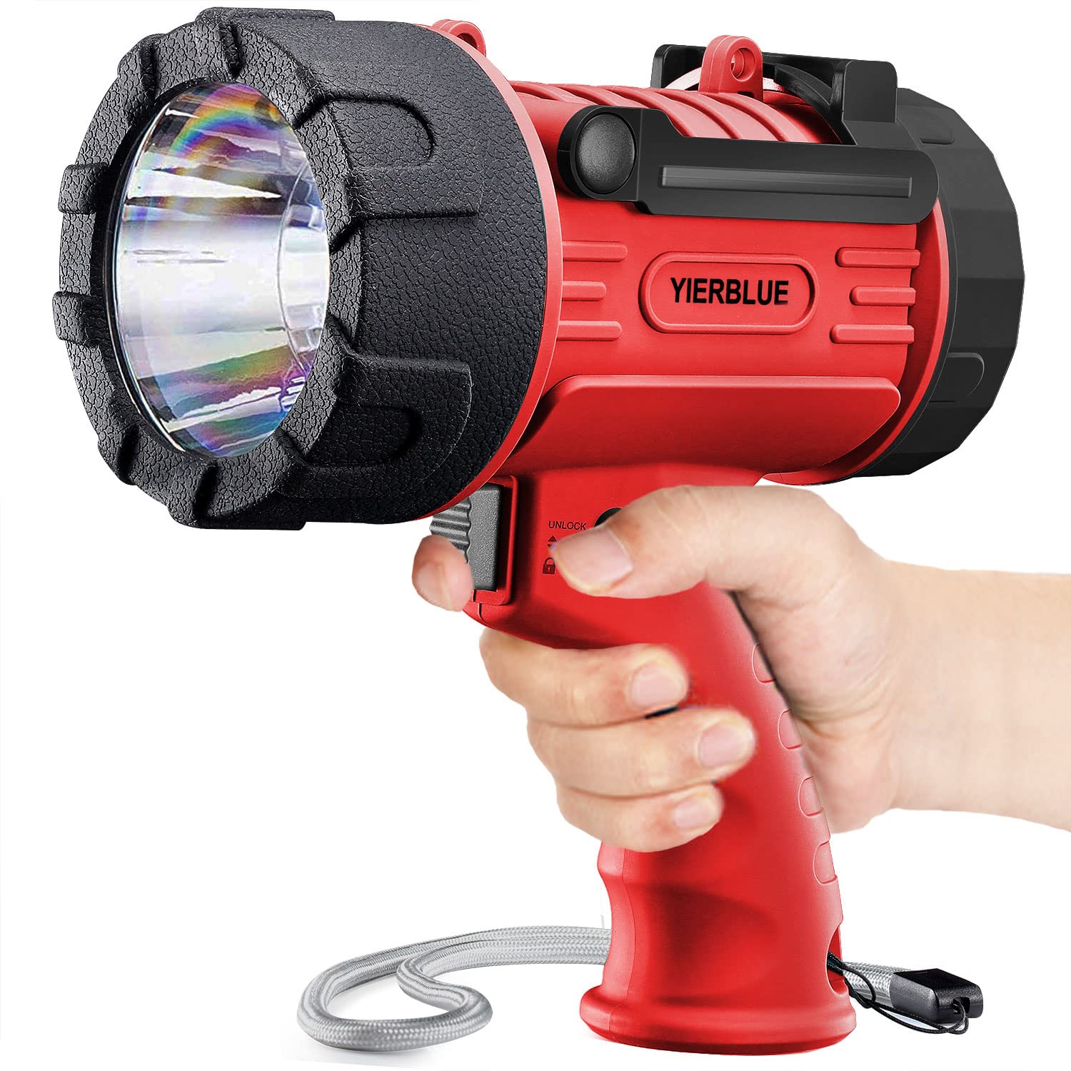 YIERBLUE Rechargeable Spotlight Flashlight 300000 Lumen LED IP67 Waterproof Handheld Model YBN-20000R Color Red-Pro