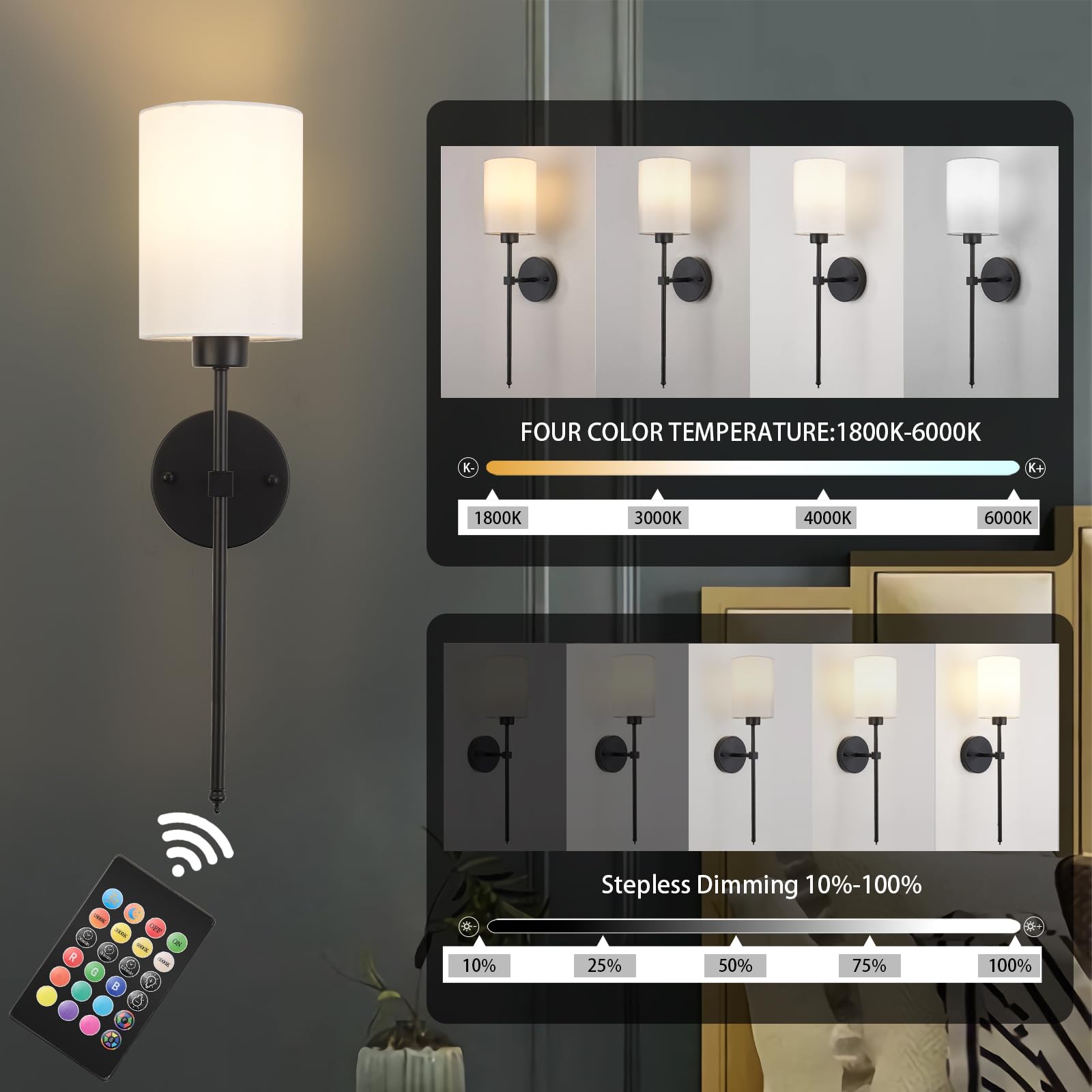 KARTOOSH Battery Operated Wall Sconces Set of Two, Wireless Rechargeable, Dimmable, 23.6 Inch, Black, Model ZM213B