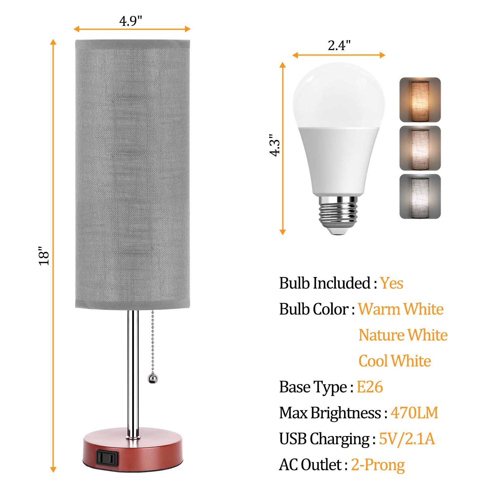 Dott Arts 18 Table Lamp for Bedroom, 3-Color Bedside Lamps with Pull Chain, Bedroom Table Lamps for Nightstand,AC Outlet Small L
