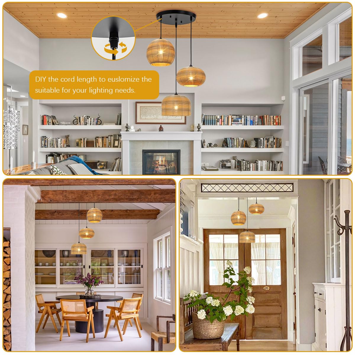 Aoodu Rattan Pendant Light Large Hand Woven Chandelier 3-Lights Boho Pendant Light Fixture Woven Basket Wicker Shade Farmhouse R