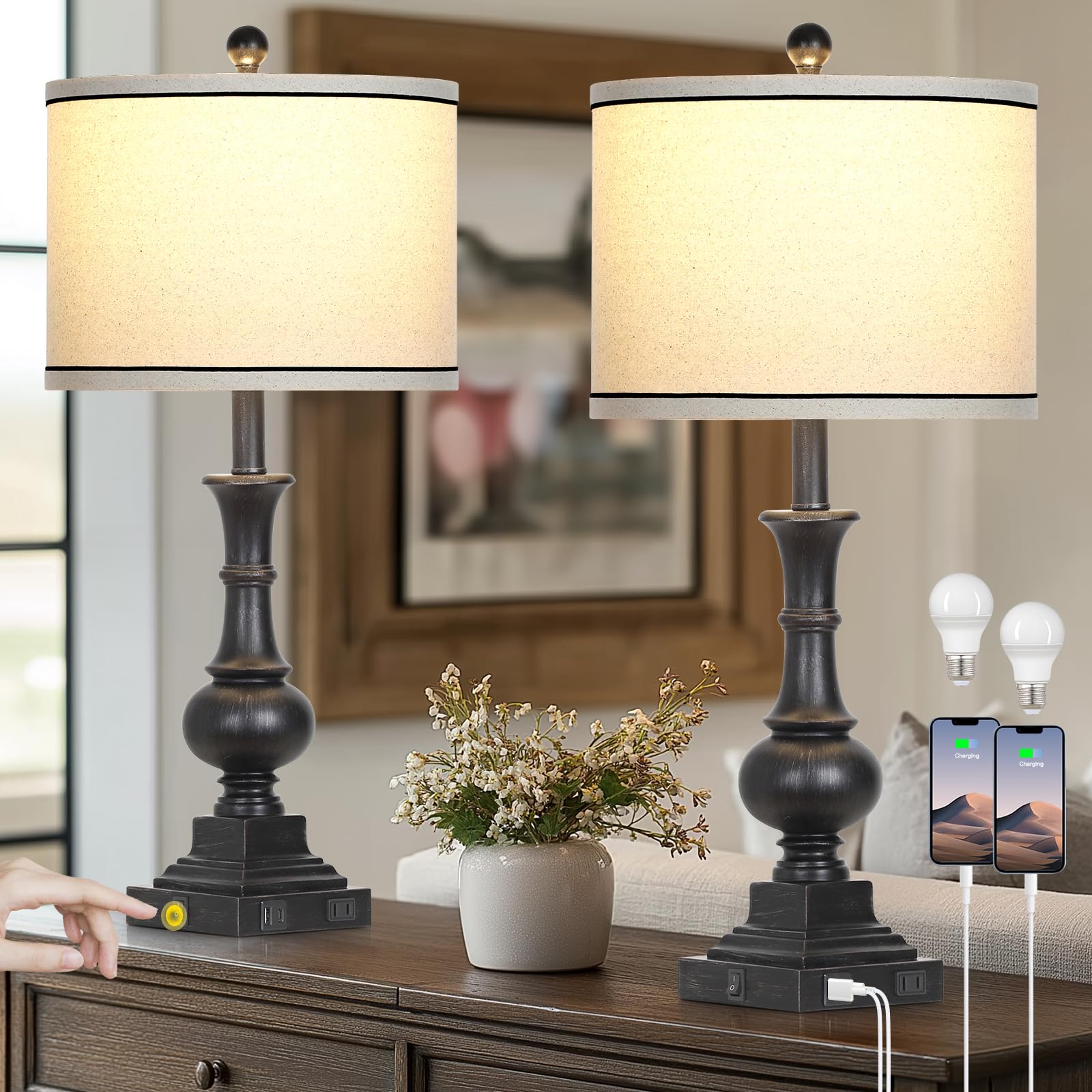 Farmhouse Lamps Set of 2, Vintage Rustic Black Table Lamps with USB A+C Fast Ports & AC Outlets, Traditional Nightstand Bedside Lamp for Living Room Bedrooms Home Office(2 LED Bulbs Included)