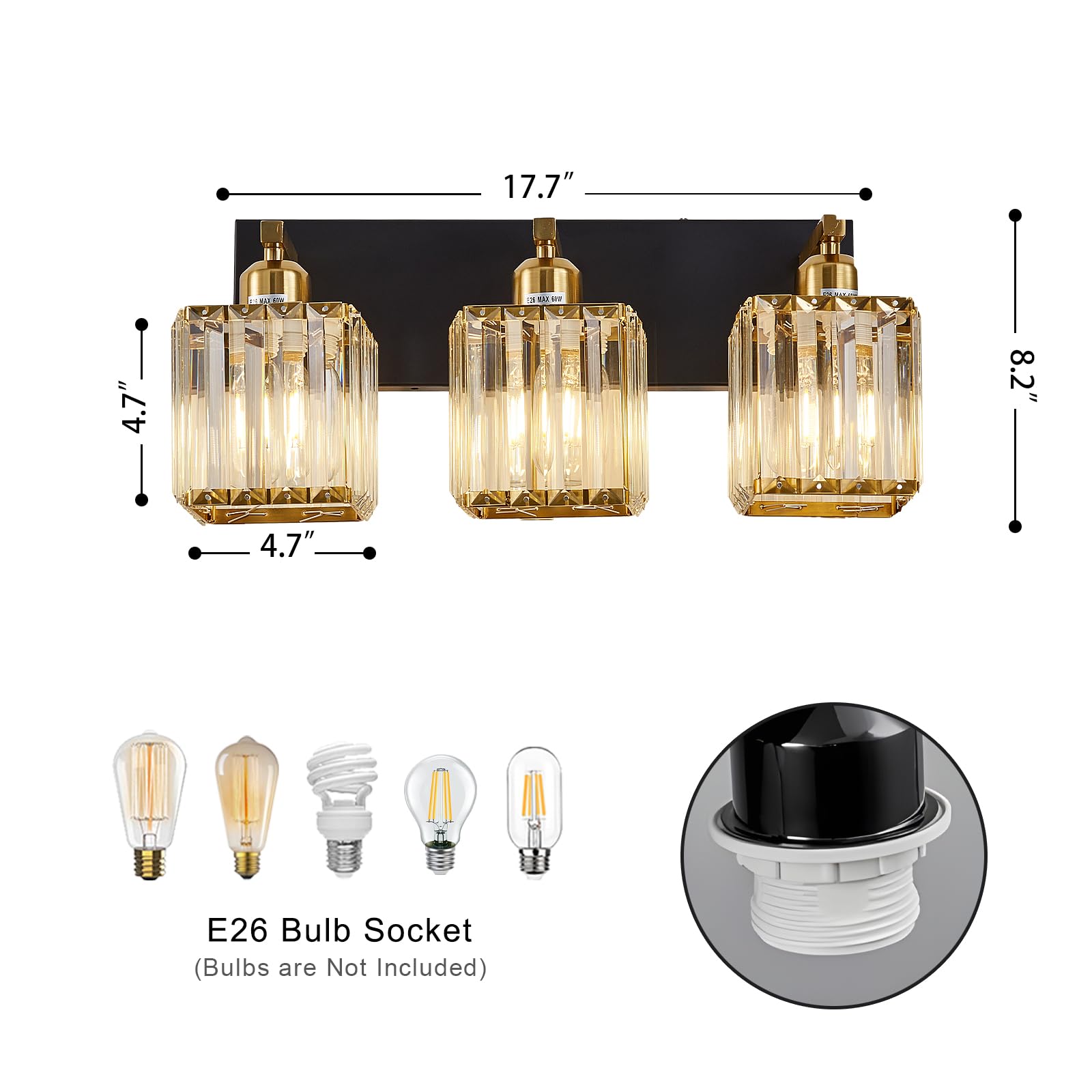 Aixialin 3-Light Bathroom Vanity Lights, Black Gold Crystal Wall Lighting, Metal Fixtures, Model 600-100-1012
