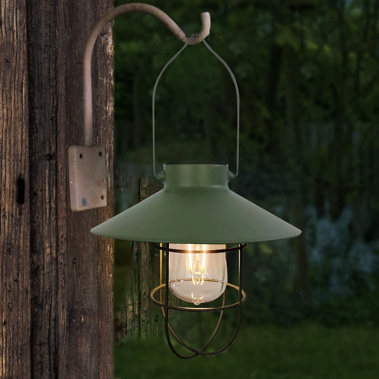 pearlstar Solar Lantern Outdoor Hanging Light, Metal, Green, Warm White Edison Bulb, Model HIA049 for Garden Patio Decor