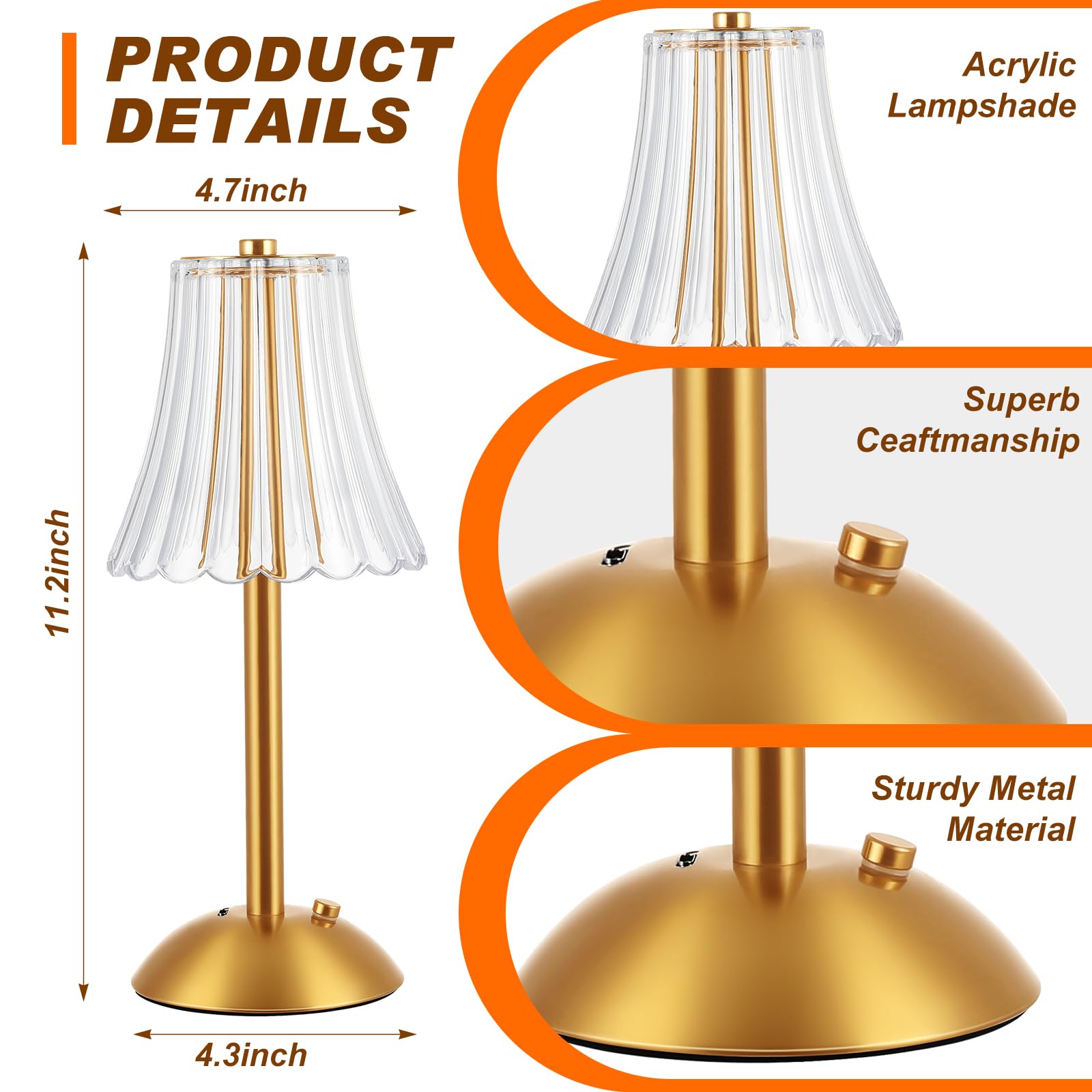 Liliful LED Cordless Table Lamp, Touch Battery Operated, 3 Color Dimmable, Gold Size, Rose Style, Model IAN-Liliful-5009