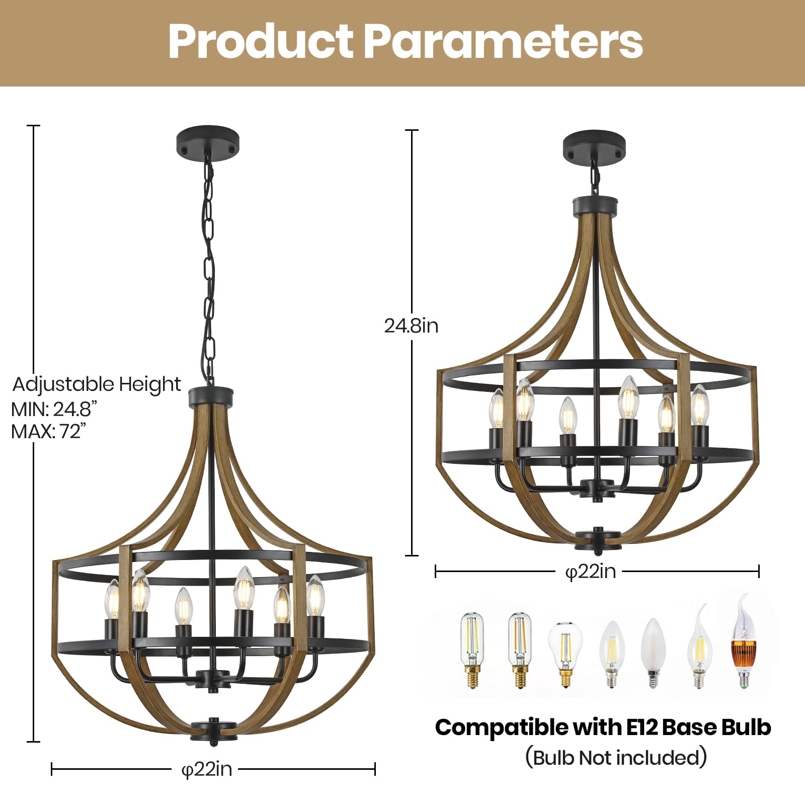 22'' Large Farmhouse Chandelier For Dining Room, Retro Wood Texture & Black Finish, 6-Light Adjustable Height Rustic Pendant Lig