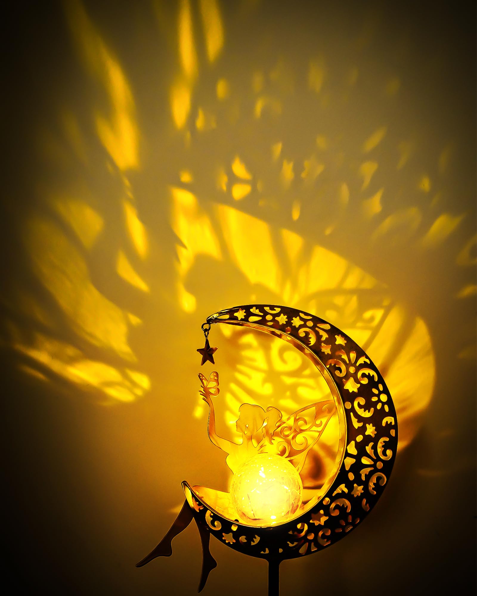Vuees Solar Garden Statues Outdoor Decor, Fairy Moon Figurine Light Stake, Housewarming Ornament For Patio, Lawn, Yard, Pathway