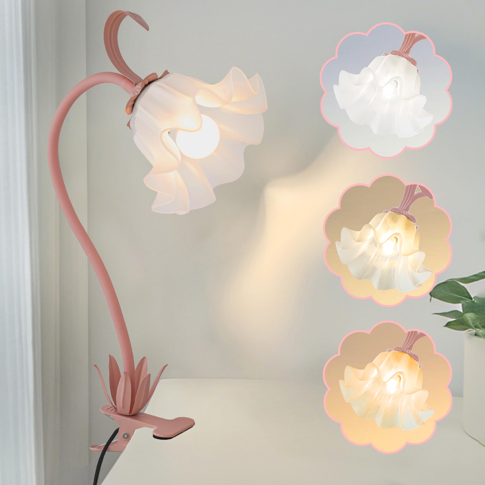 AQDZCNF Flower Clip Light, LED Desk Lamp, 360° Rotation, Vintage Design, Acrylic, Pink
