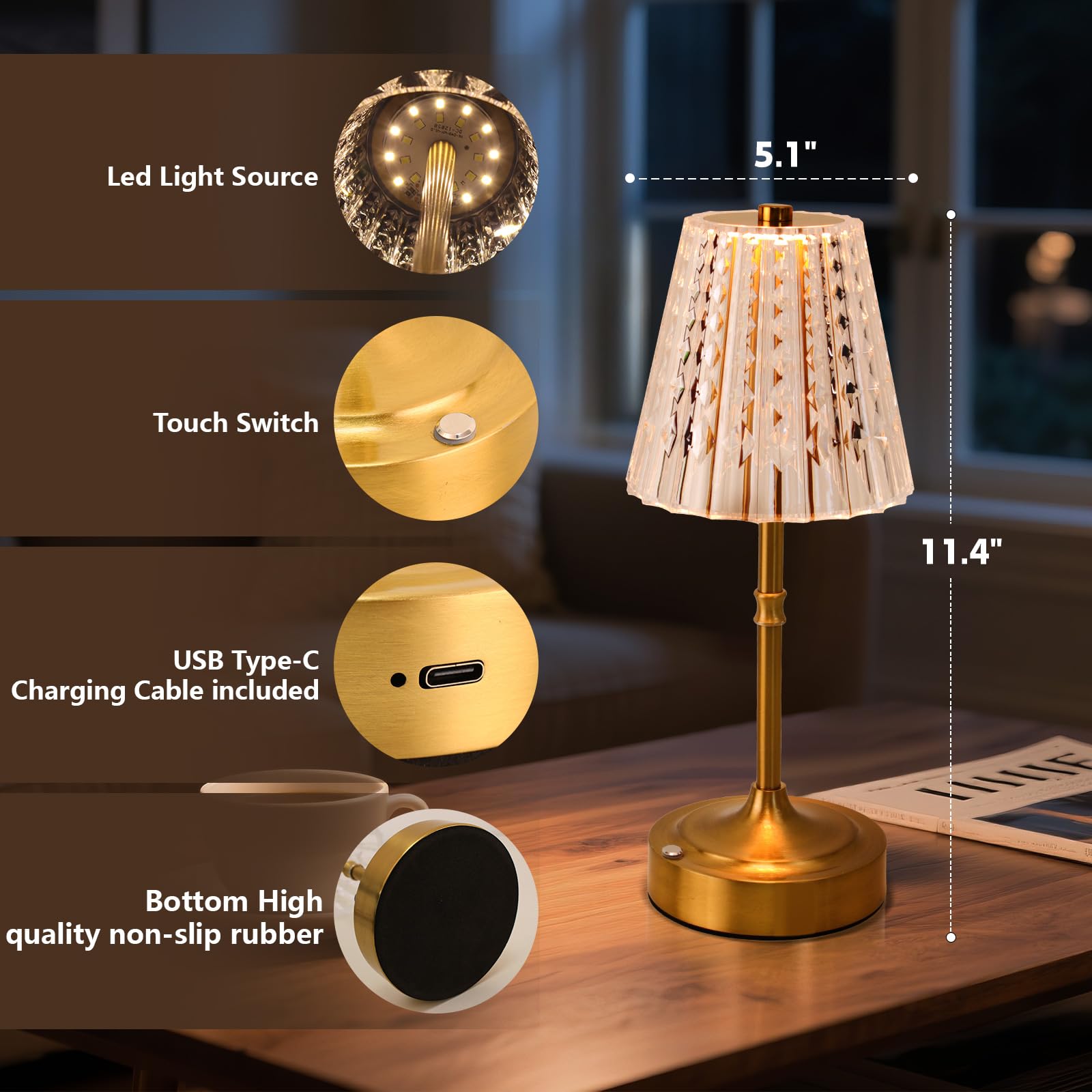Gkeiten Touch Cordless Table Lamp Rechargeable  3600Mah Battery Operated Small Crystal Lamp  3 Color Dimmable Vintage Gold Table Light For Bedroom/Kitchen/Gift For Home D?Cor ((stylish Style)