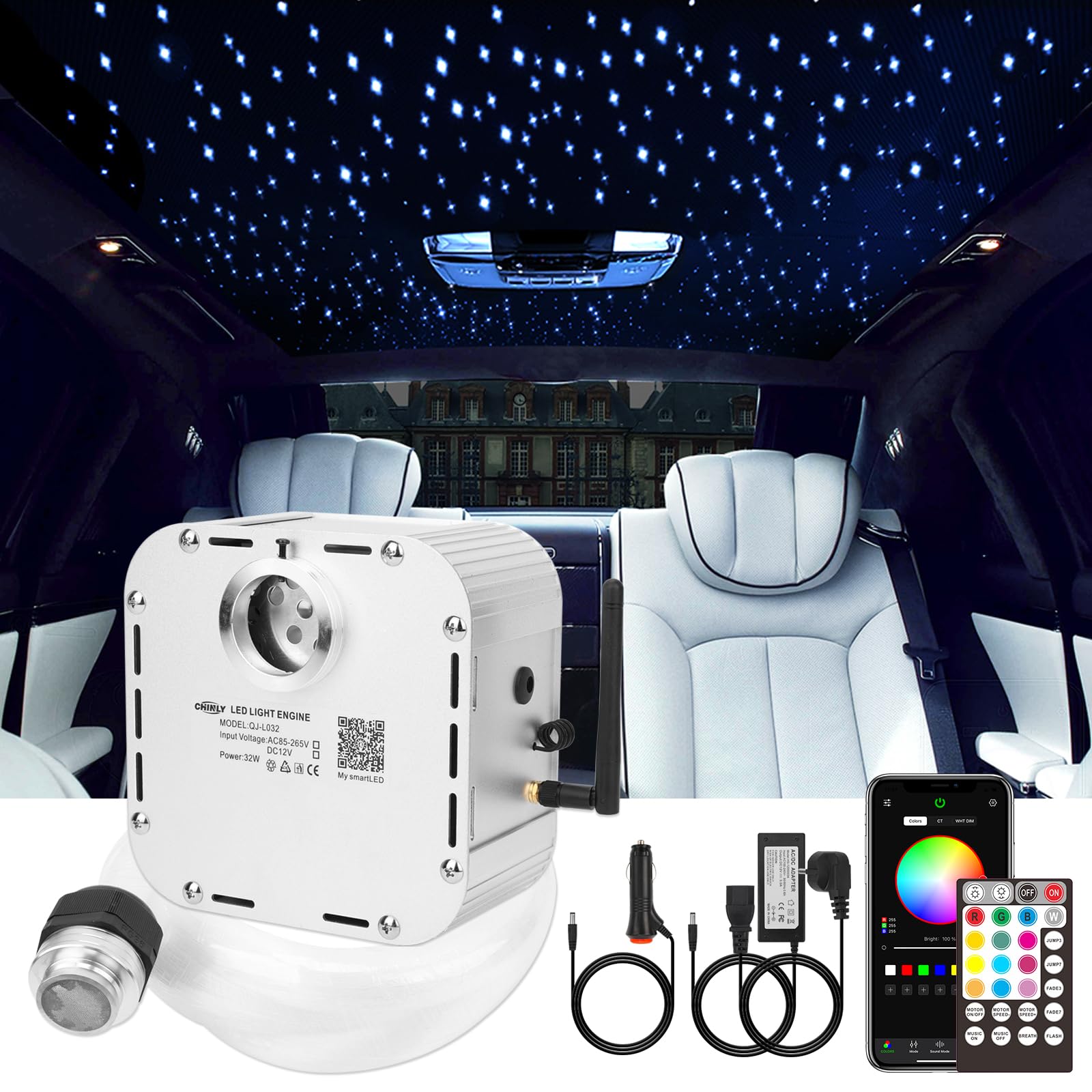 CHINLY Starlight 32w Twinkle 710pcs 13.1ft (0.03in+0.04in+0.06in+0.08in) Bluetooth RGBW LED Fiber Optic Star Ceiling Light,APP/R