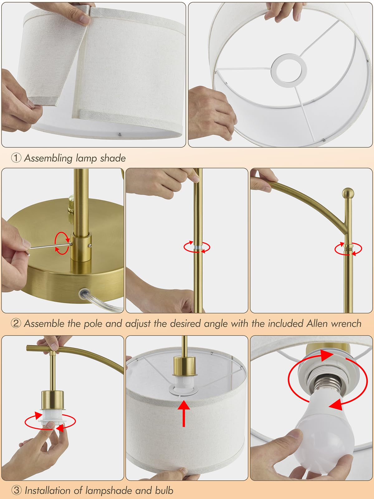 Hikczc Table Lamp Set of 2, 23.5in Gold with USB C+A Ports, Dimmable LED Bulbs Included, Iron Material, Model 2T-8101