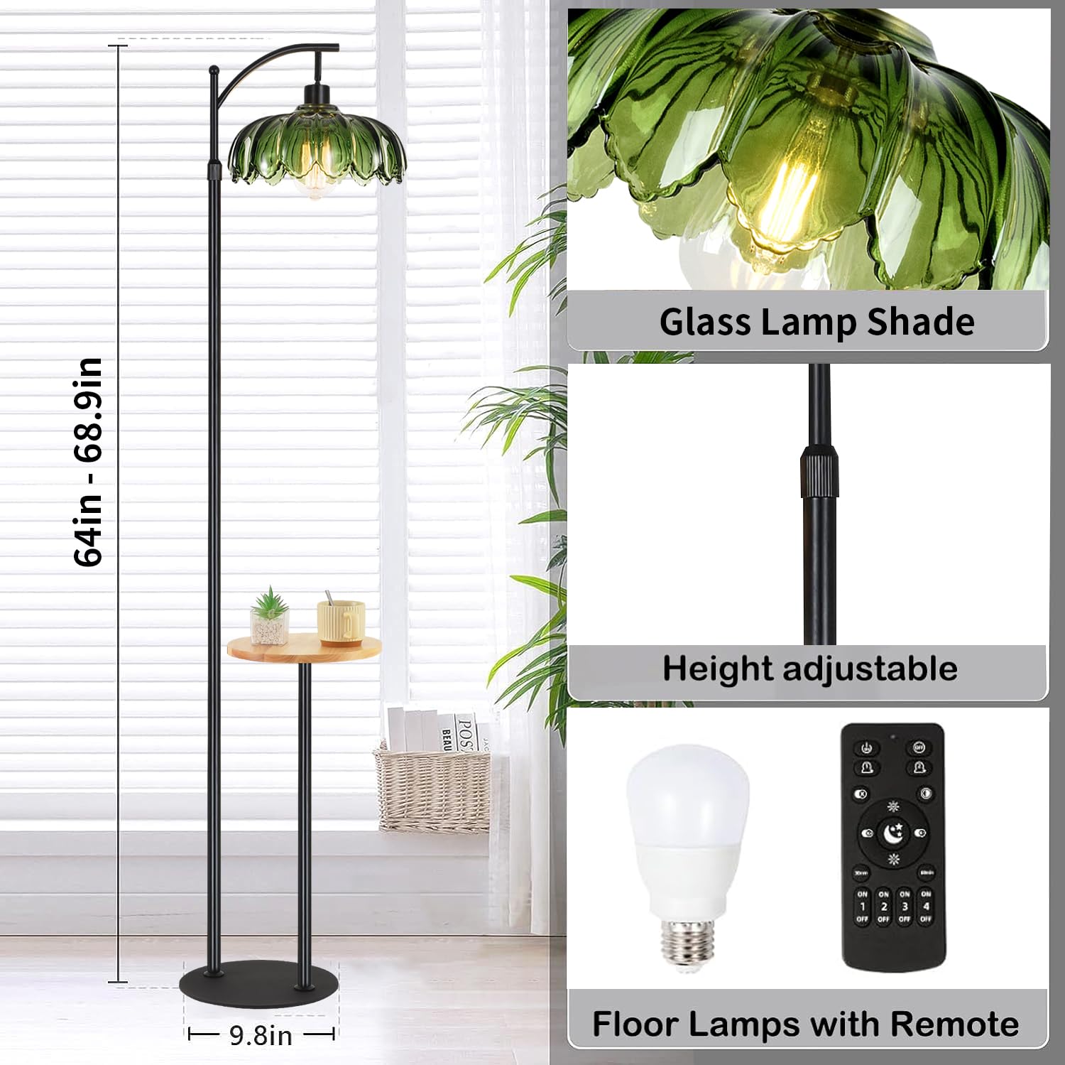 QIYIZM Boho Floor Lamp, Dimmable Arc Design, Black Rattan Shade, Adjustable Height, Model 1