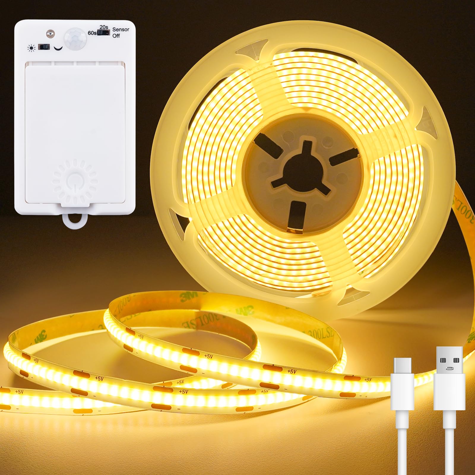 OMIKA COB Motion Sensor Light Band Indoor  6.56ft 640LEDs 2700K Warm White 1500mAh Rechargeable Closet Light  Cuttable Self Adhesive LED Lights for Bedroom  Cabinet  Shelves  Pantry  Stairs