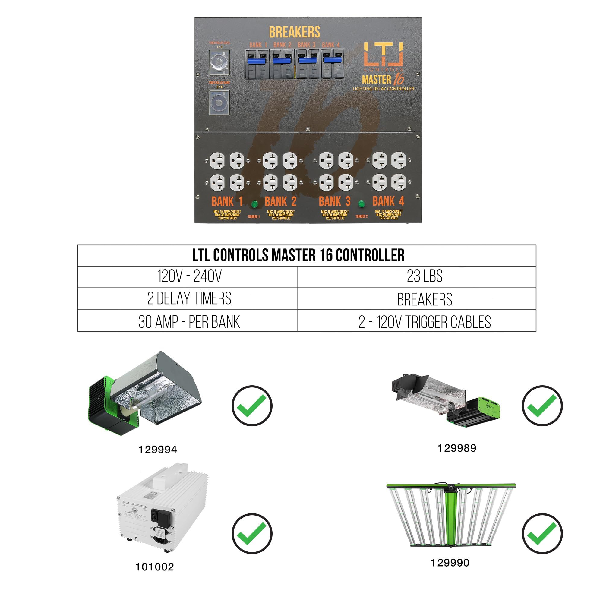 LTL Master 16 Lighting Relay Controls, HID Lighting Hydroponic Ballast Relay Controller for 16 Grow Lights, Master Lighting Cont
