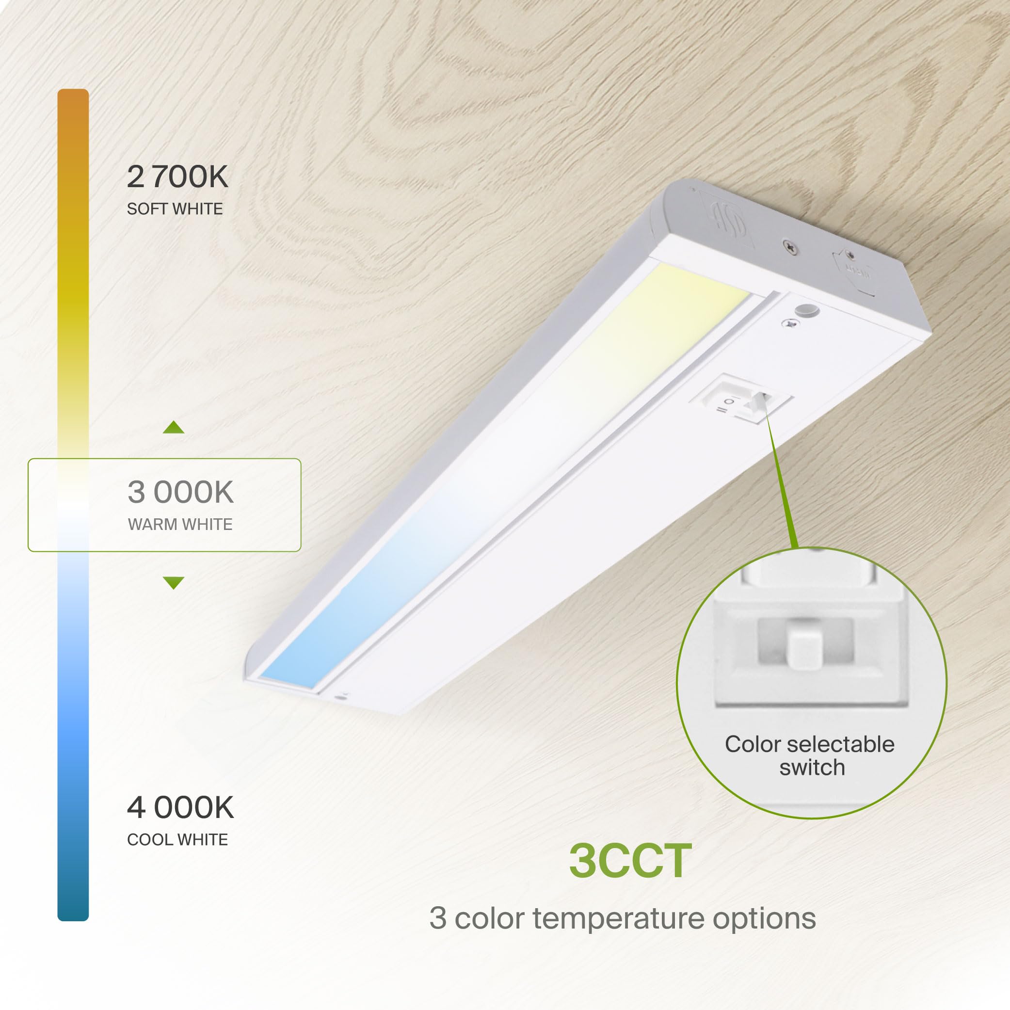 ASD Swivel LED Under Cabinet Light, 18 Inch, Dimmable, 8W, Hardwired/Plug-in, 2700K/3000K/4000K, Aluminum