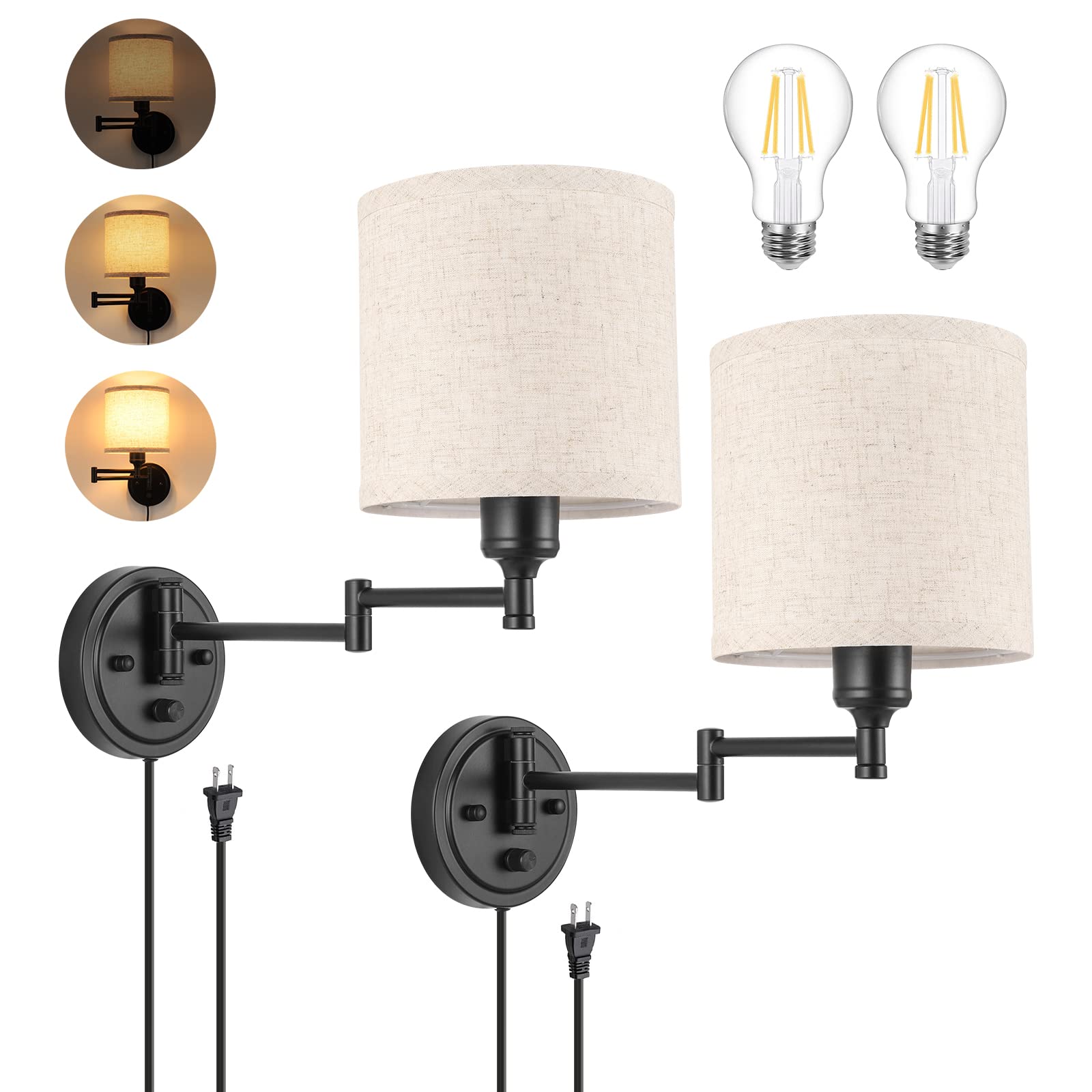 GOODATE Dimmable Plug in Wall Sconces Set of 2, Linen Fabric Shade, Swing Arm, Model BZ-2PACK
