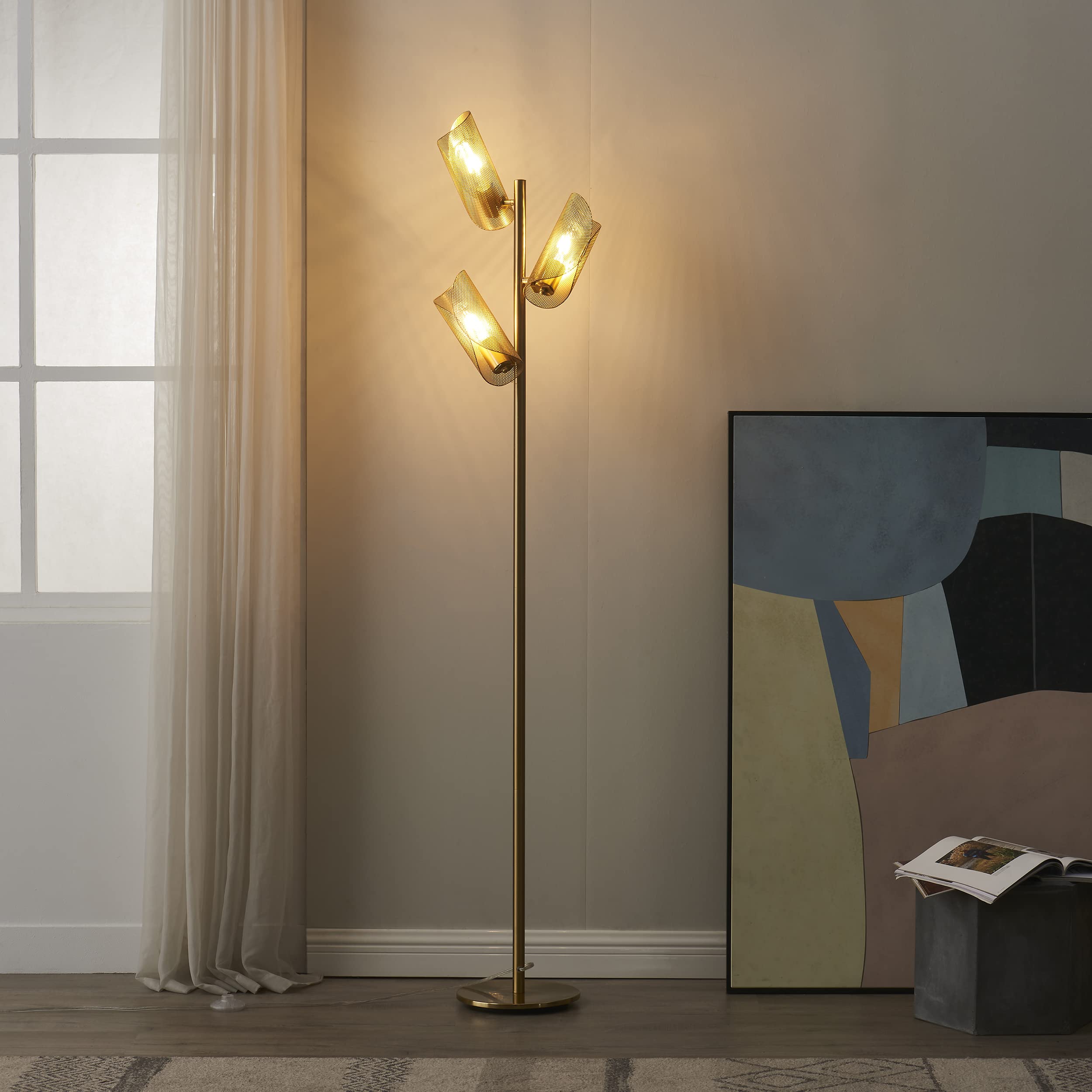 Brightech Lyra LED Tree Floor Lamp - 3 Light Heads, Metal Cage Shade, Brass Finish, Model 850012486831