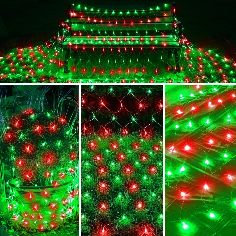 198 Led 9.8 Ft*6.6 Ft Net Lights Plug In  8 Lighting Modes Mesh Light Connectable  Waterproof Christmas Net Lights Outdoor For Bushes  Wedding  Holiday  Garden  Xmas Tree Decorations(Red And Green)