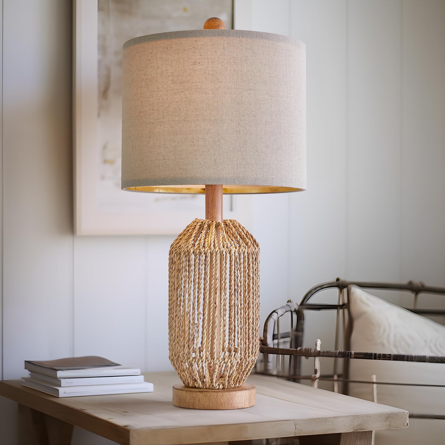 Oyears 21&quot; Boho Rattan Table Lamp - Brown Farmhouse Bedside & Living Room Decor