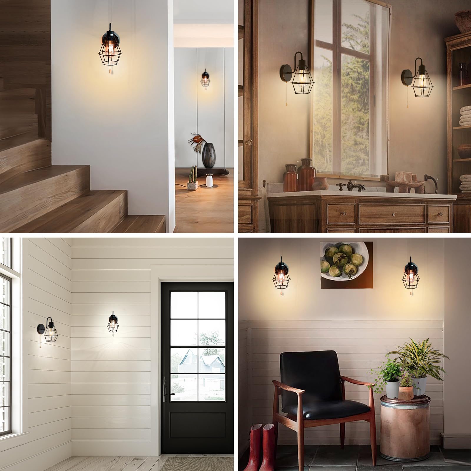 DTIEDY Wall Sconce 2-Pack, Hardwired Metal Fixture with Pull Chain, Vintage Black E26 Lighting for Living Room & Bedroom