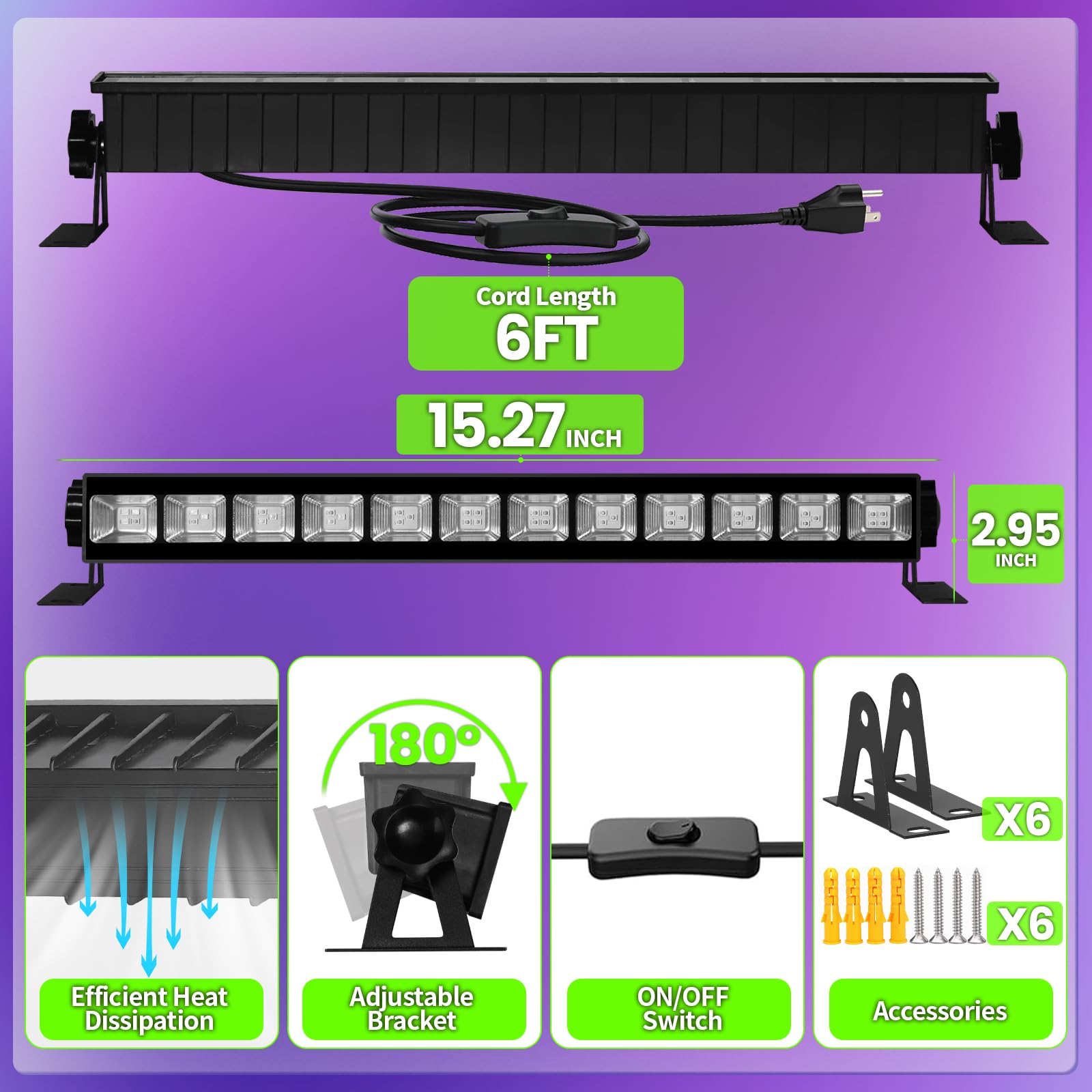 6 Pack 120W Led Black Lights, Blacklight Bar Light Up To 5000Ft² Area With Switch+Plug+6Ft Cable, Glow Party Light Supply For Halloween, Fluorescent Poster, Body Paint, Birthday, Bedroom, Classroom