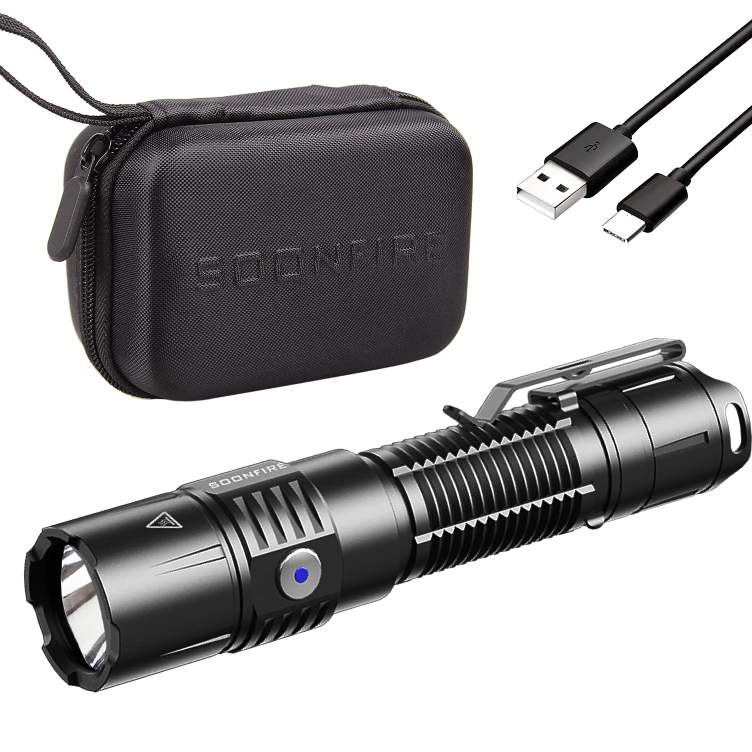 Soonfire Mx75 Led Tactical Flashlight, 2530 Lumen, Usb-C Rechargeable, 390 Yards, Black